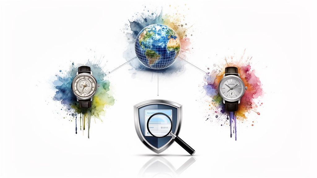 A conceptual image with a globe connecting two distinct watches and a security shield with a magnifying glass, all enhanced with watercolor splashes.