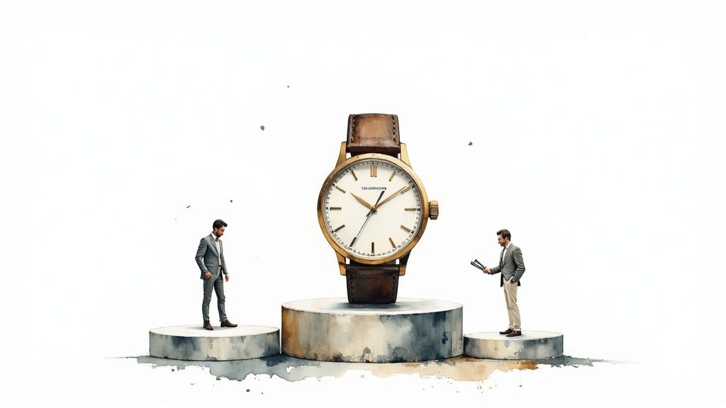 Two men in suits stand on concrete podiums flanking a large golden watch with a brown strap.