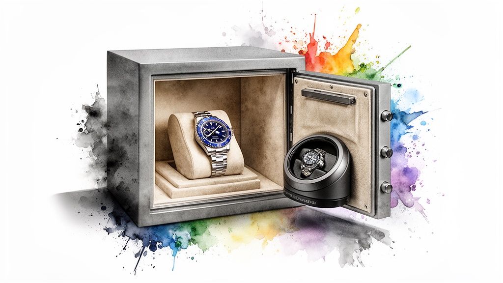 An open safe storing two luxury watches, a blue Rolex and another in a winder, with vibrant watercolor splashes.