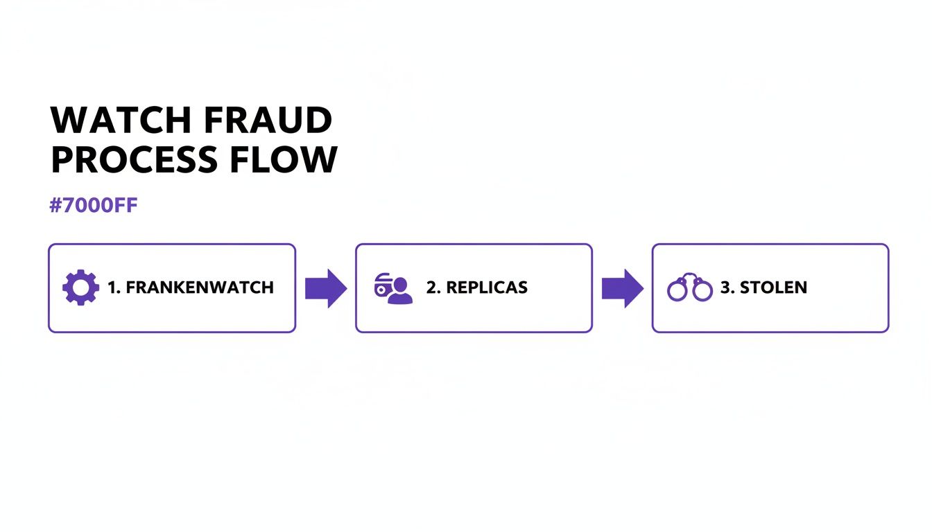 A process flow diagram illustrating watch fraud types: Frankenwatch, Replicas, and Stolen watches.