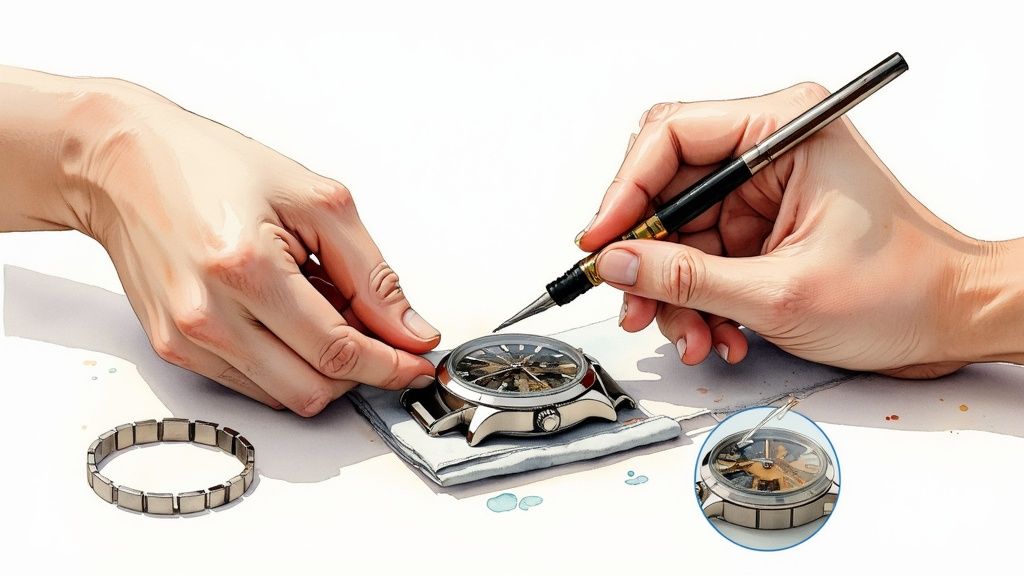 Close-up of hands using a precision tool to work on a mechanical watch.