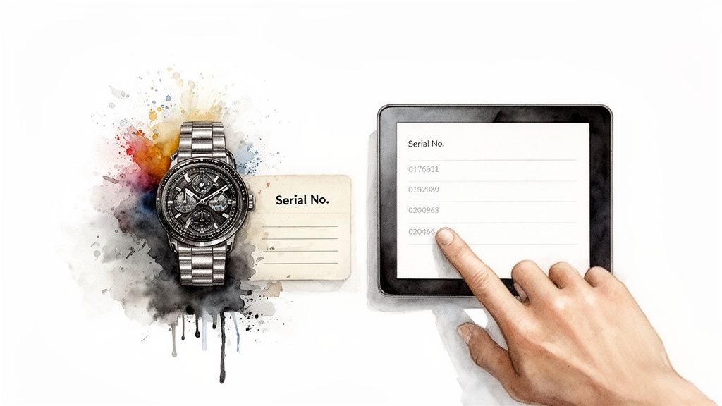 A watercolor illustration of a watch, a 'Serial No.' card, and a hand touching a tablet listing serial numbers.