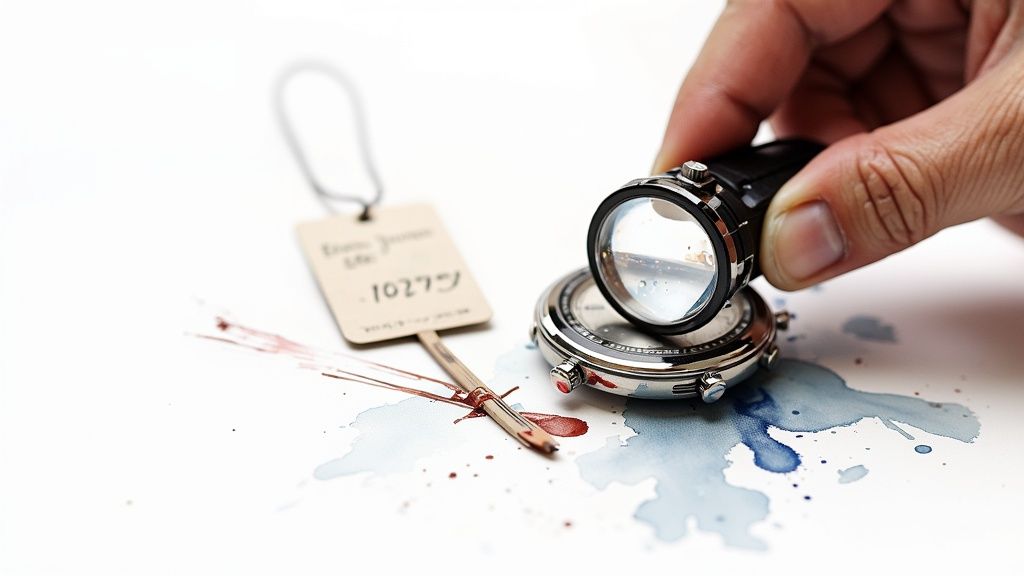 Hand holding magnifying loupe examining watch movement components with identification tag on white surface