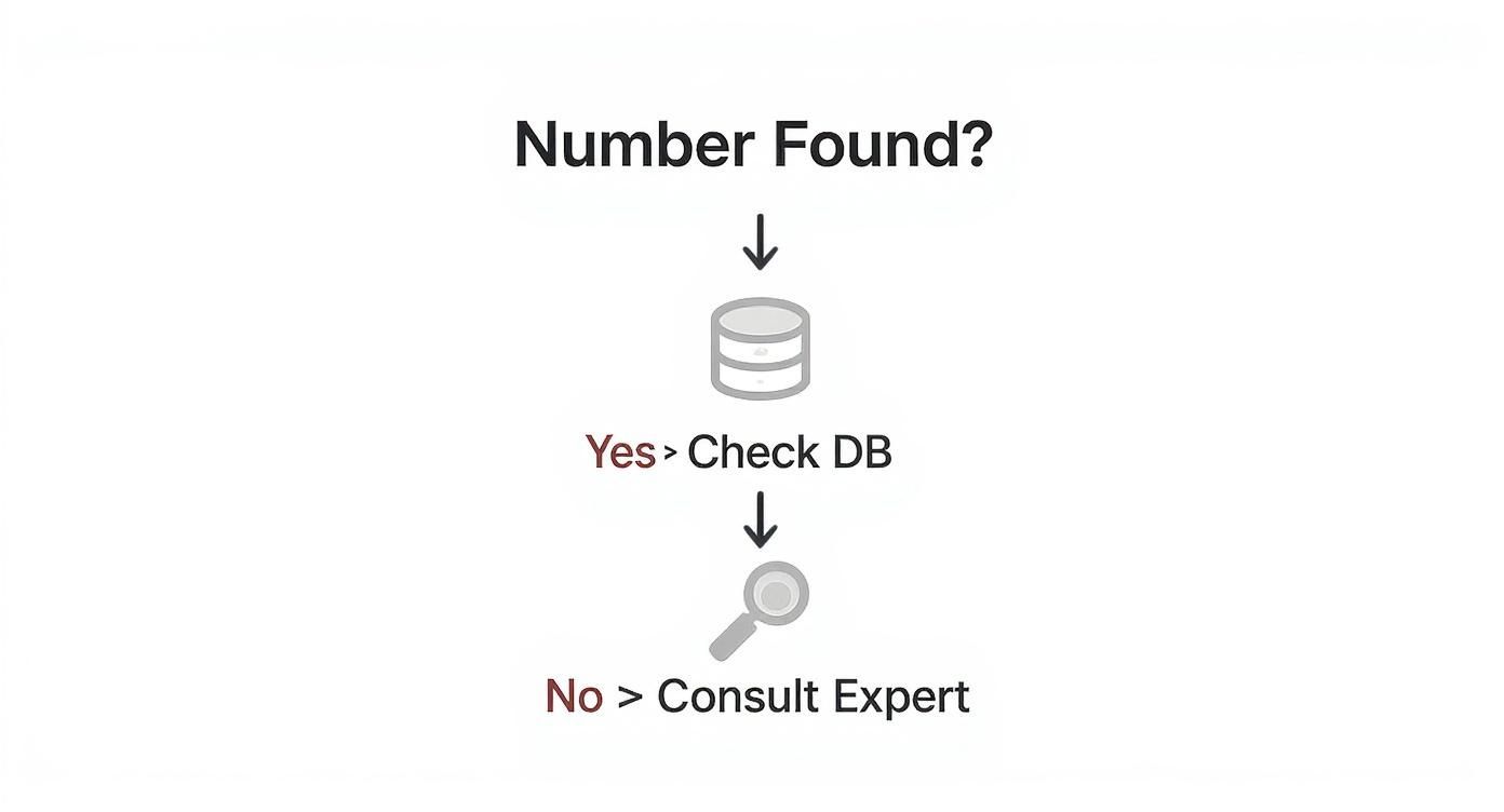 Flowchart showing database check process for found numbers leading to expert consultation