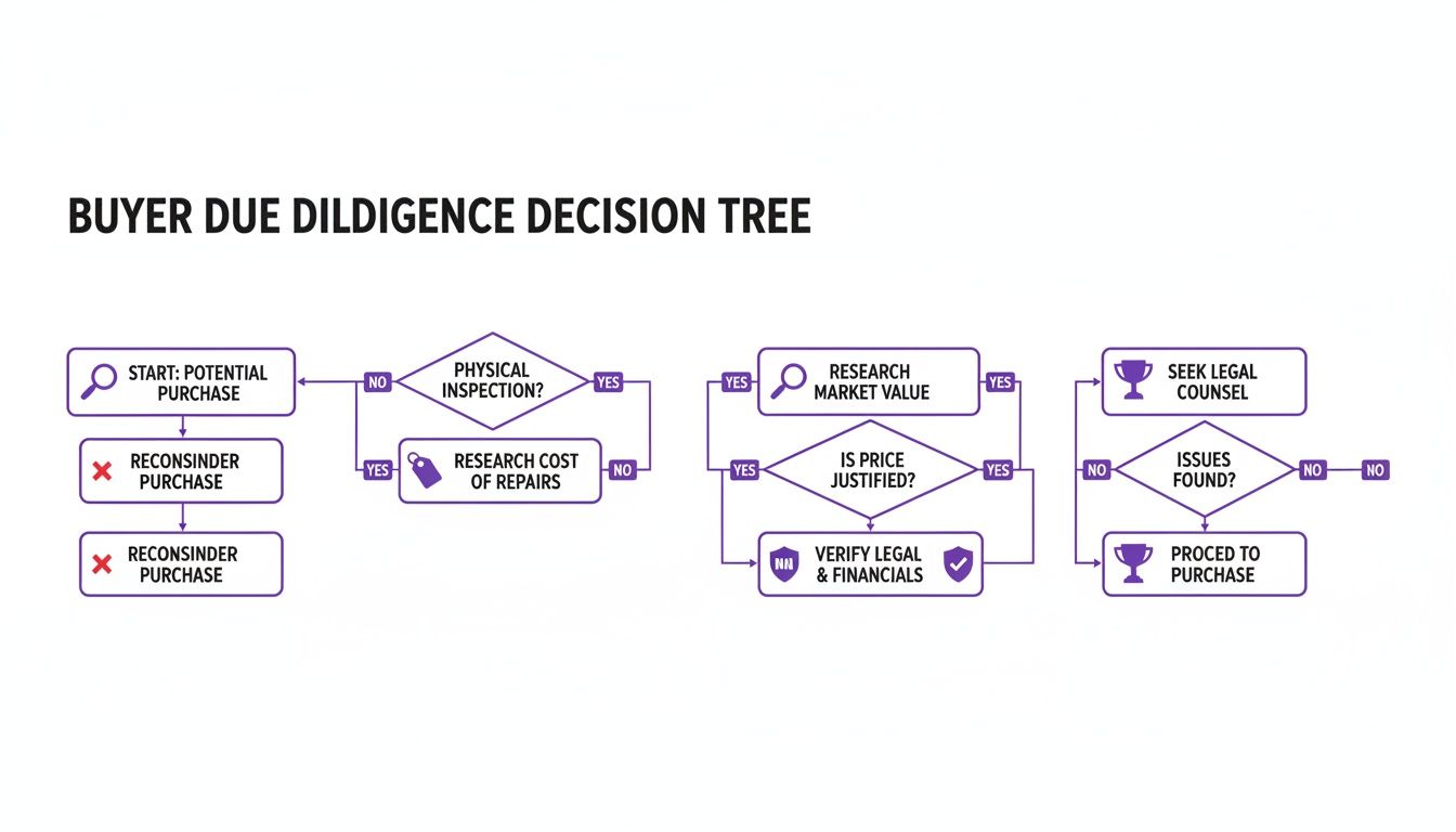 A flowchart titled 'Buyer Due Diligence Decision Tree' outlines steps from potential purchase to legal verification.