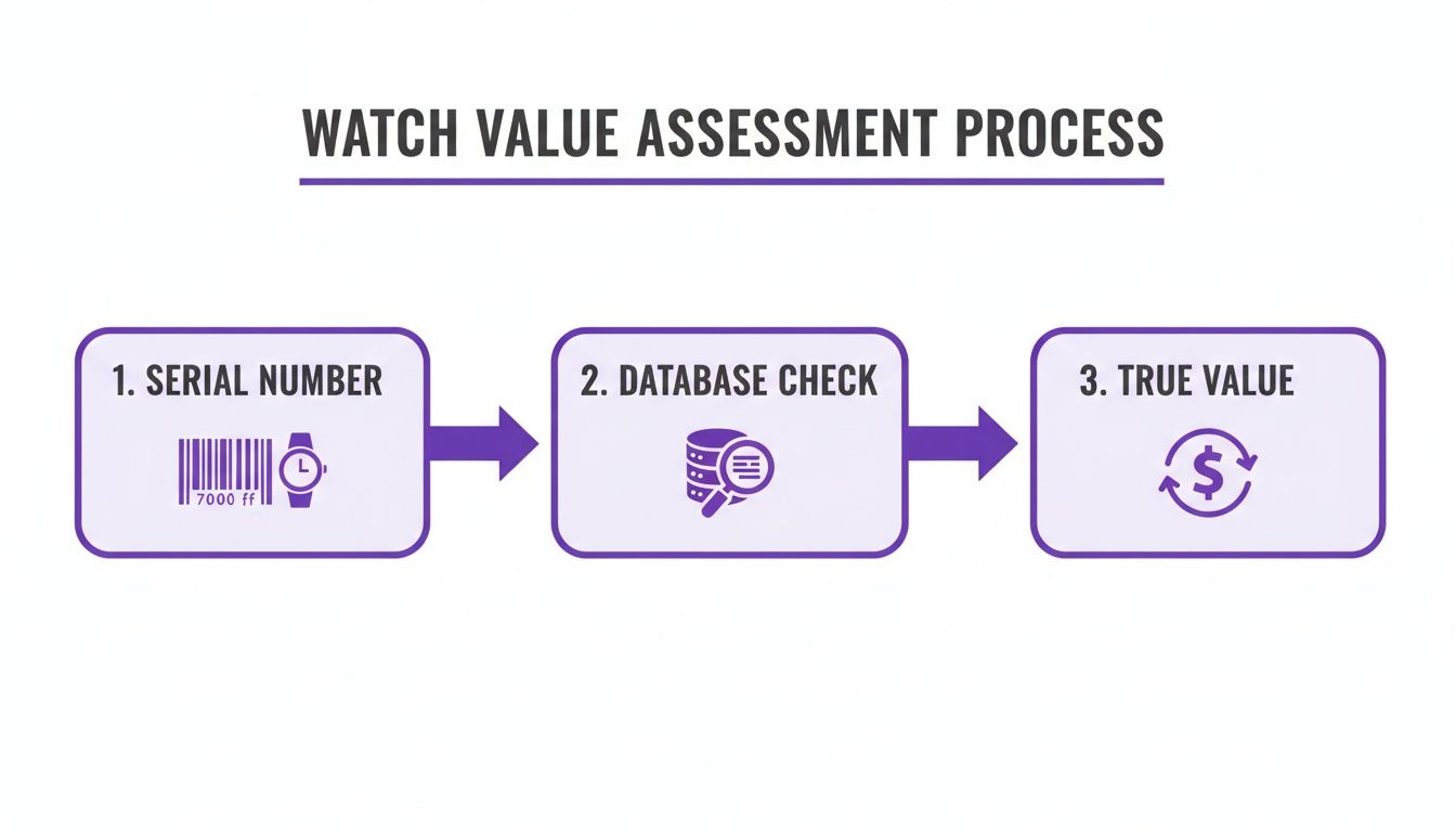Flowchart showing the watch value assessment process using serial number, database check, and true value.
