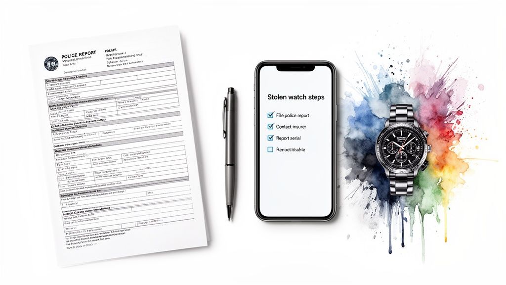 Police report document, pen, smartphone displaying stolen watch reporting steps, and a watch with watercolor art.