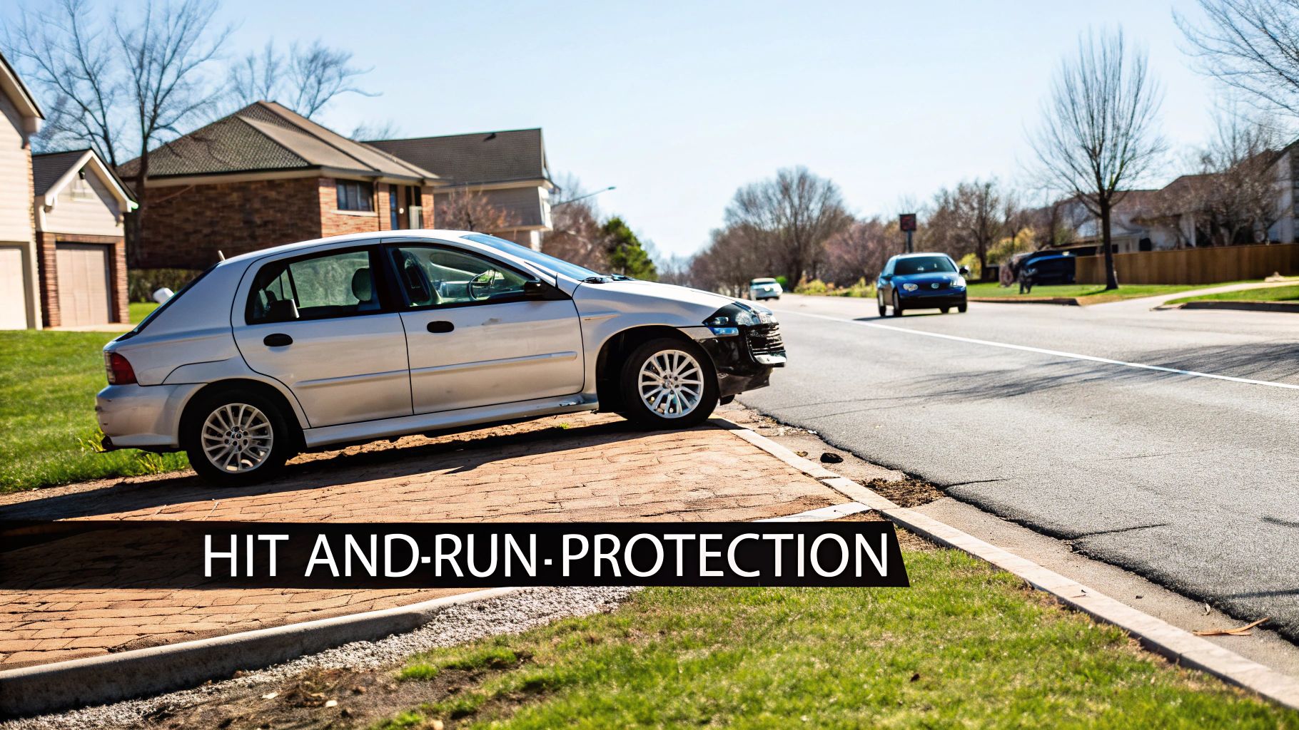 A silver car with front-end damage parked on a curb next to a road in a residential area.