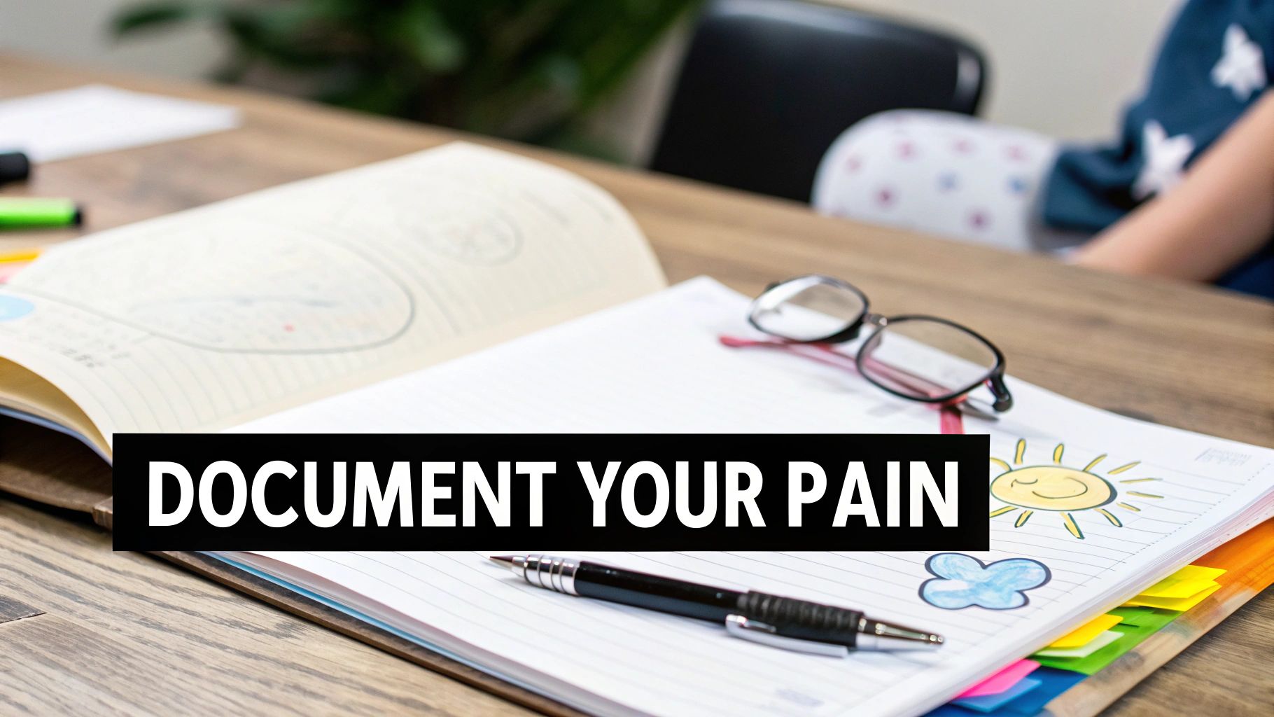 An open notebook on a wooden desk with a pen, reading glasses, and colorful tabs. The text 'DOCUMENT YOUR PAIN' is overlaid.