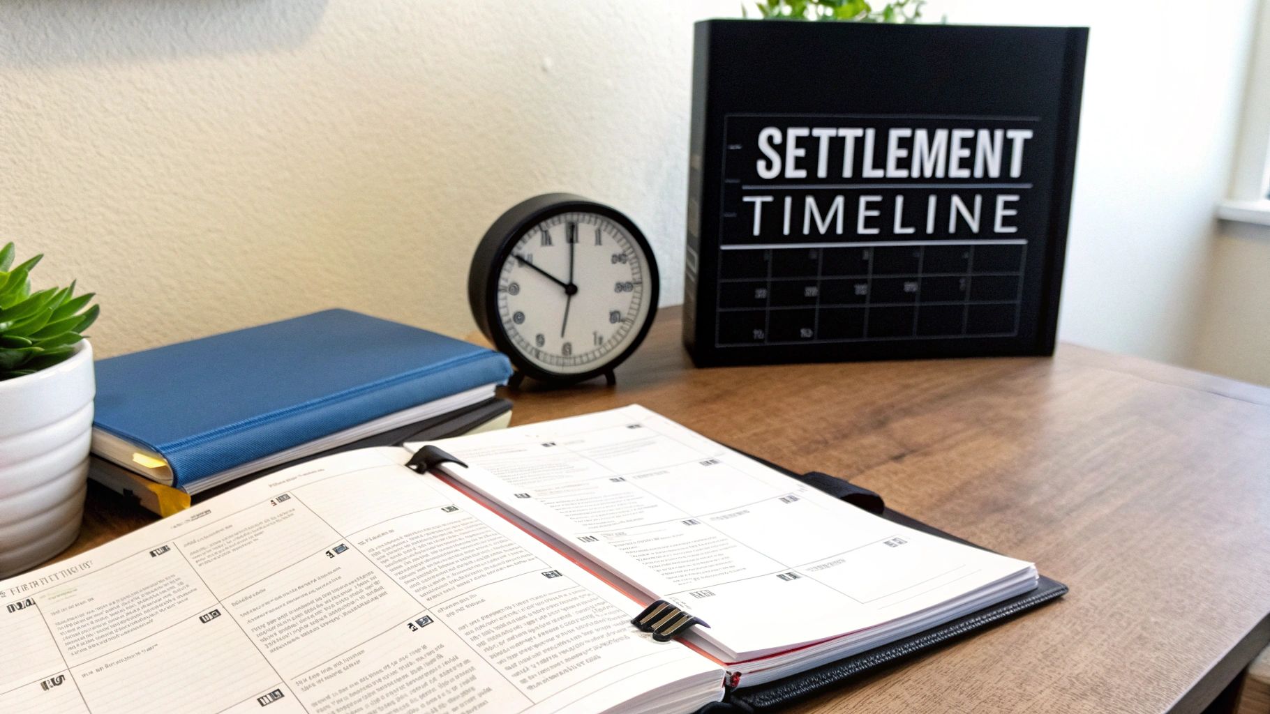 A desk with an open planner, a clock, books, and a 'Settlement Timeline' sign.