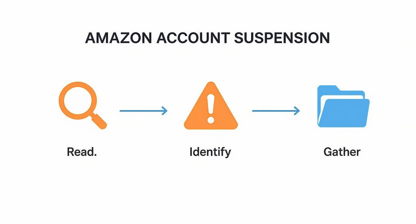Amazon account suspension process flowchart showing three steps: read, identify warning, and gather documentation