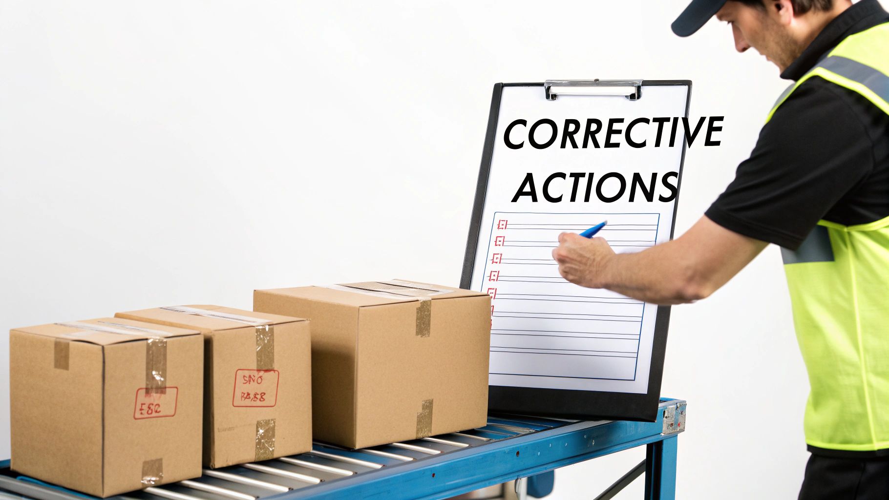 A worker in a safety vest writing 'CORRECTIVE ACTIONS' on a clipboard next to boxes on a conveyor belt.