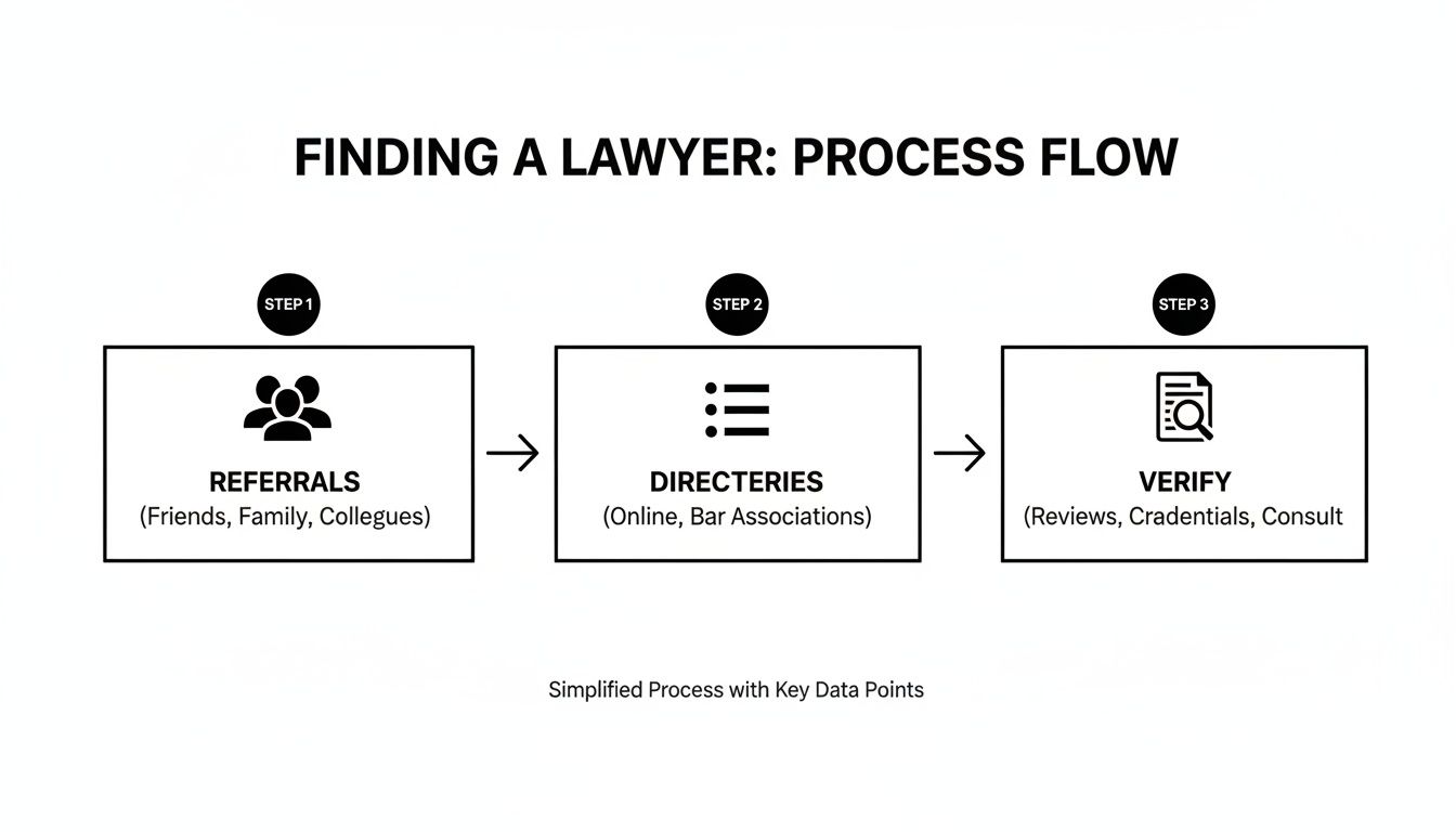 Diagram illustrating a 3-step process flow for finding a lawyer, including referrals, directories, and verification.