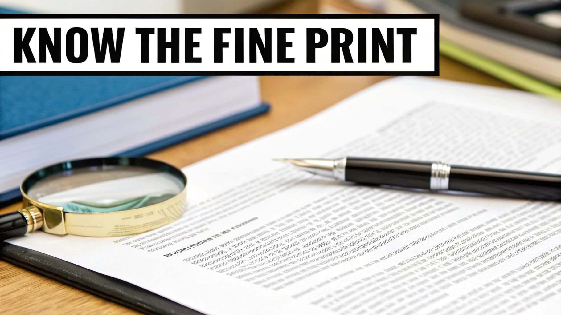 A magnifying glass and a pen rest on a document, with text 'KNOW THE FINE PRINT' above.