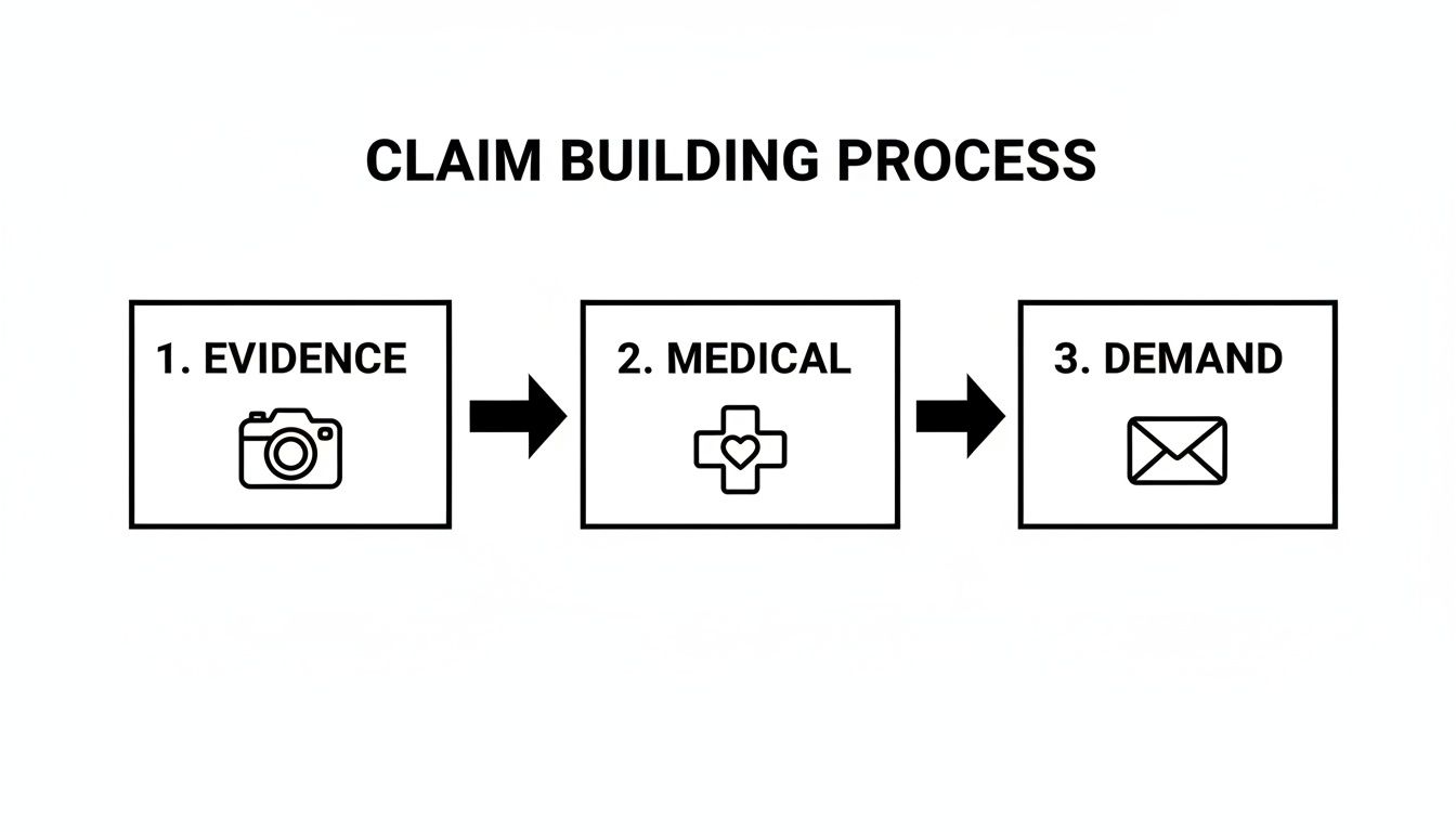 Flowchart showing the claim building process with three steps: Evidence, Medical, and Demand, connected by arrows.