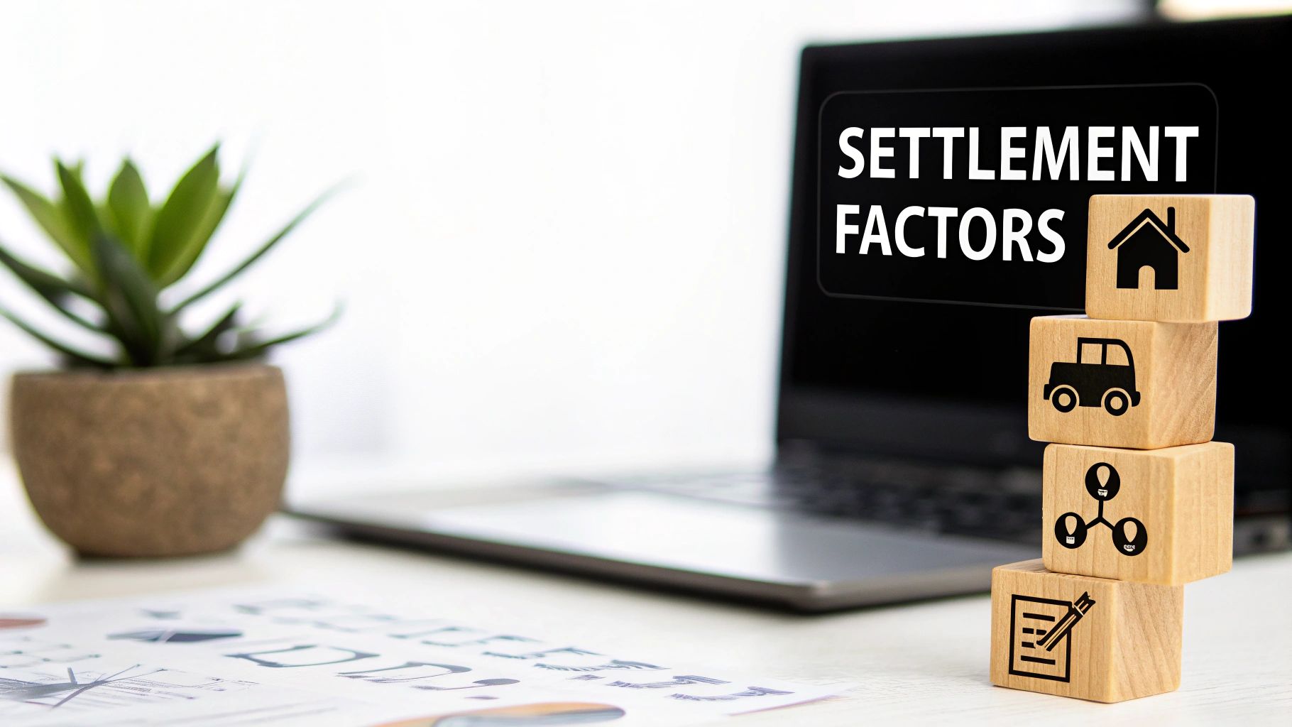 Wooden blocks with house, car, and document icons represent settlement factors displayed on a laptop.