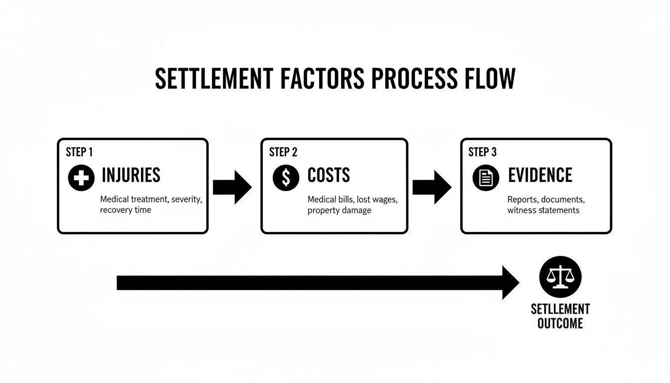A flow chart illustrating the settlement factors process: injuries, costs, and evidence leading to an outcome.
