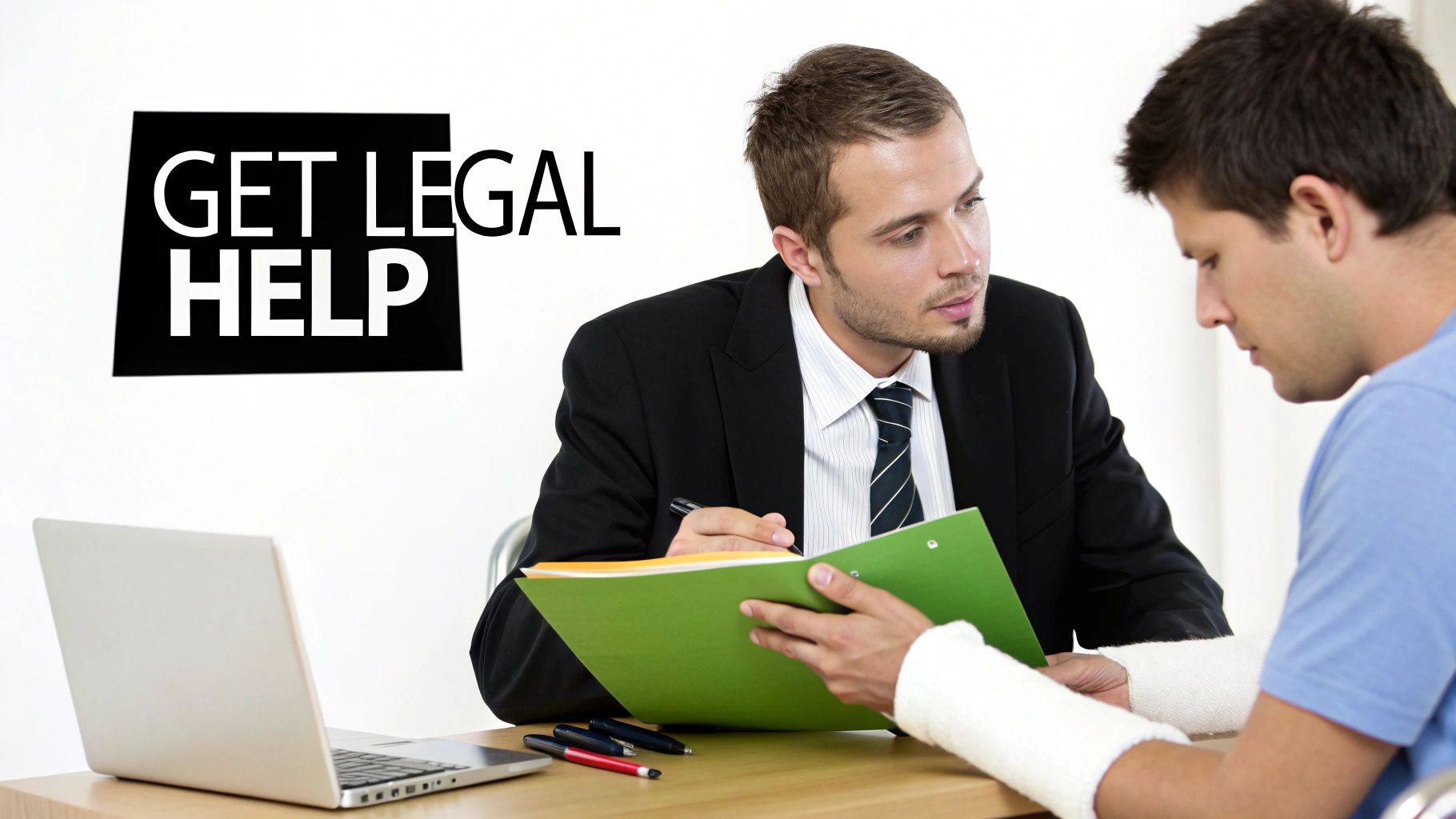 A lawyer in a suit helping an injured client with a cast, next to "GET LEGAL HELP" text.
