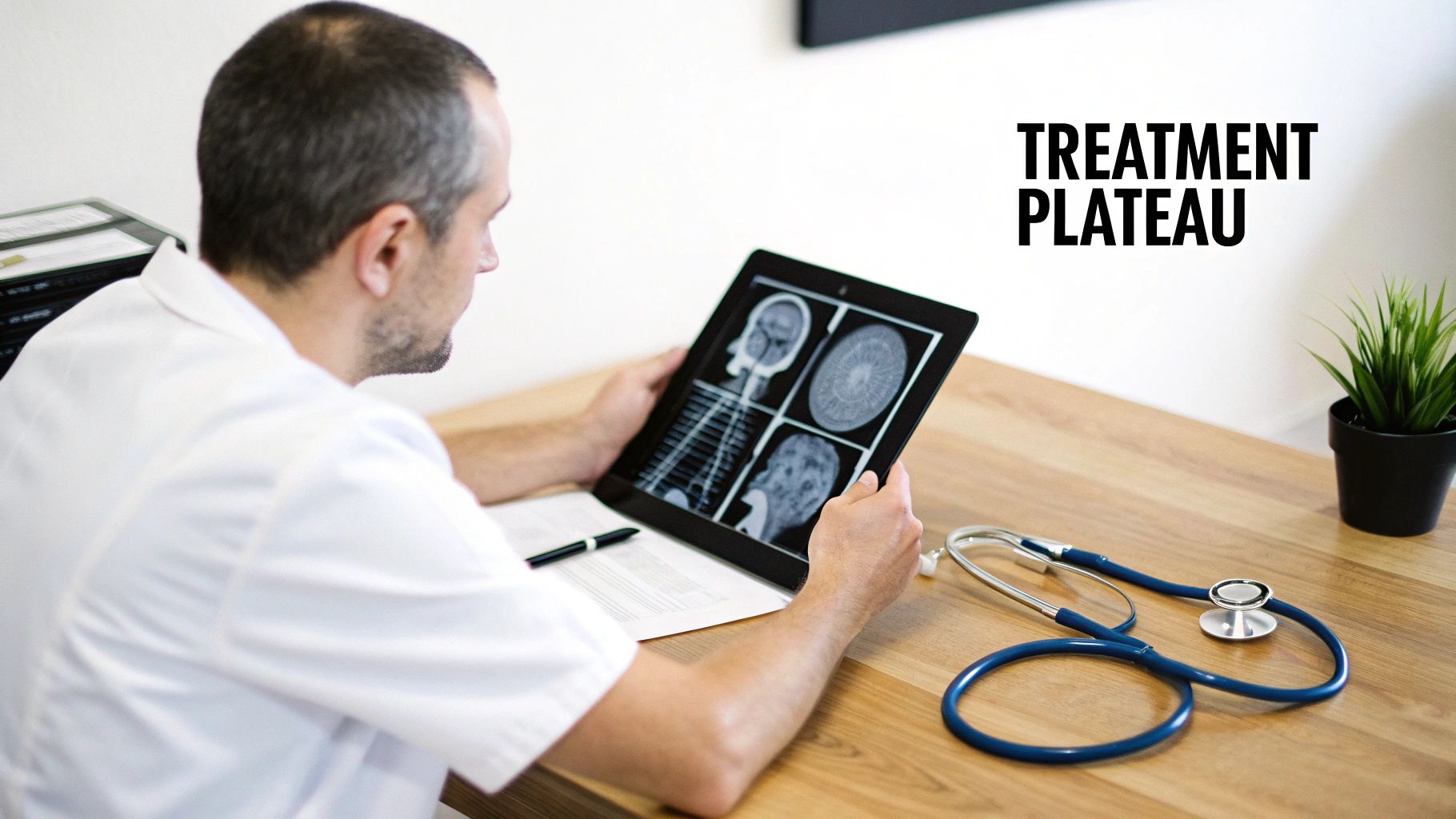A doctor pointing to an x-ray image while consulting with a patient.