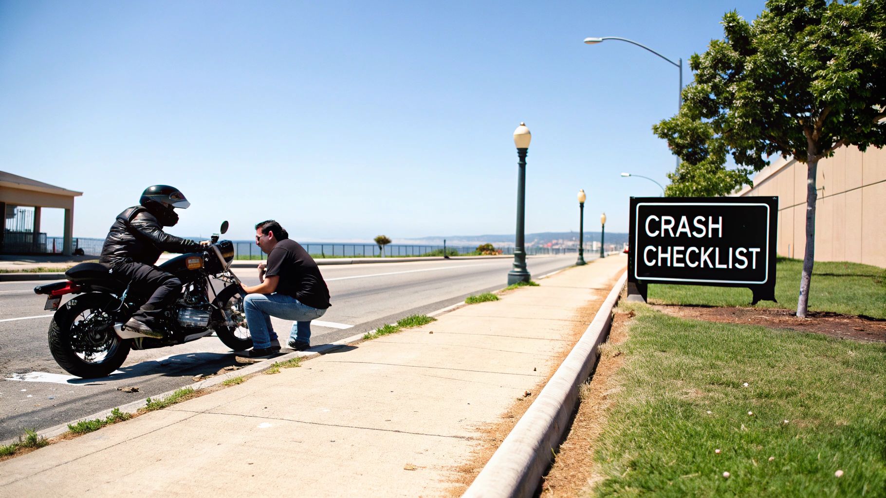 Two men with a motorcycle on a sunny roadside, a 'CRASH CHECKLIST' sign visible in the grass.