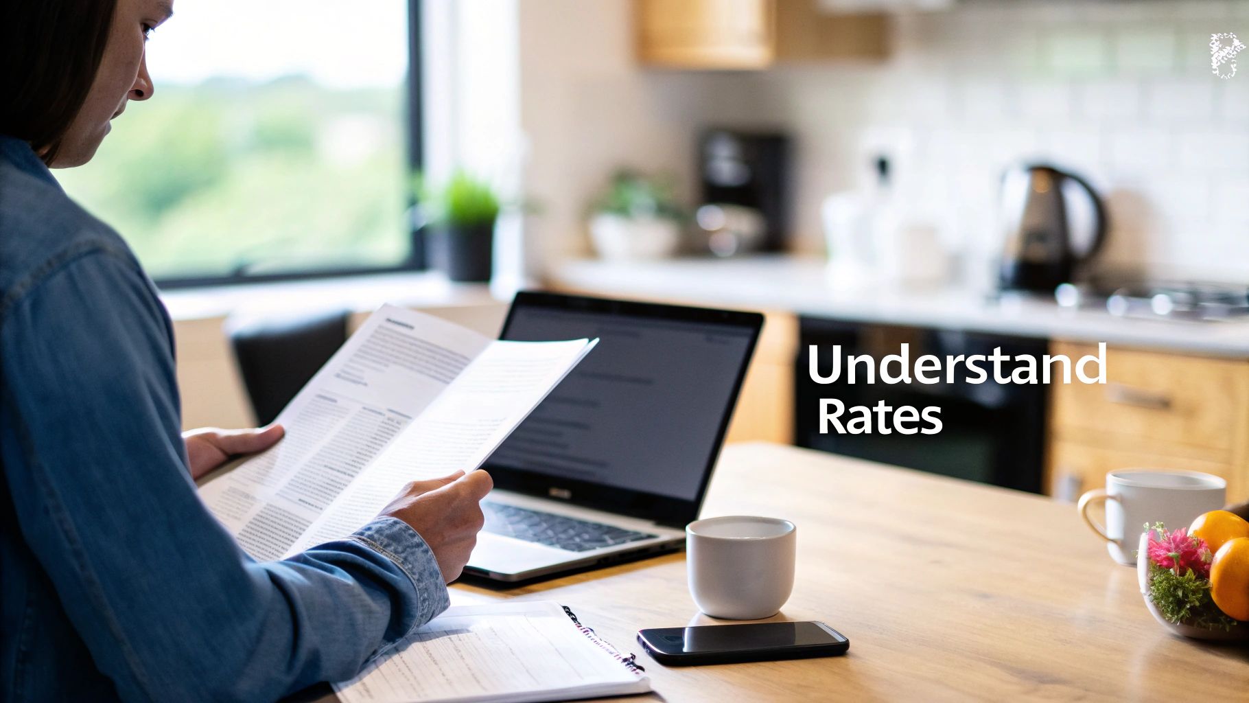 Person reviewing financial documents at a table with a laptop, phone, and coffee.
