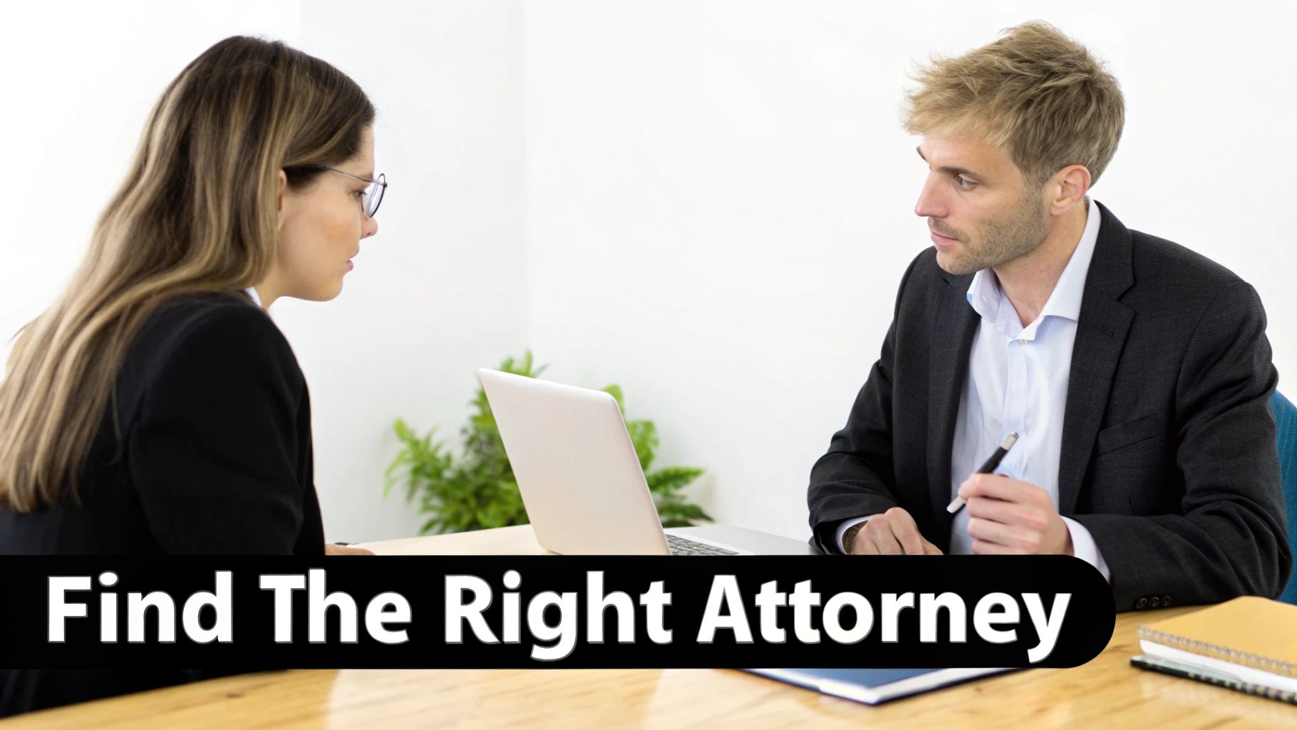 Two professionals, a woman and a man, discuss finding the right attorney in a bright office.