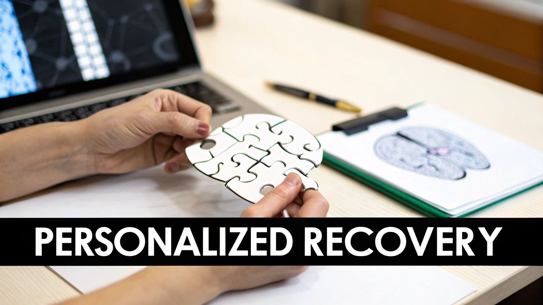 A person's hands assemble a brain-shaped puzzle on a desk with a laptop, symbolizing personalized recovery.