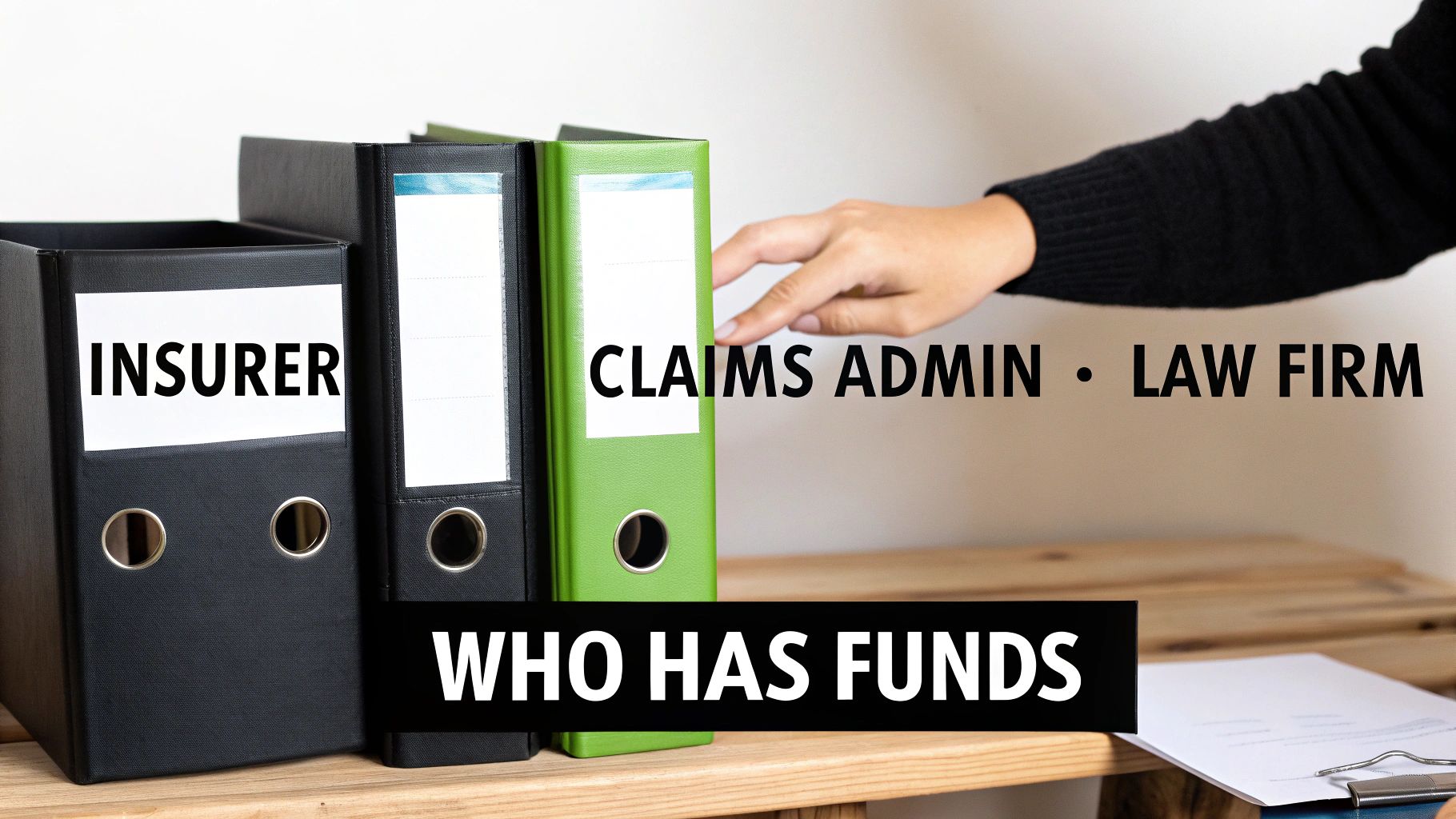 A hand points to labeled binders for Insurer, Claims Admin, and Law Firm, asking 'Who Has Funds'.