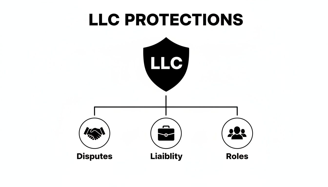 A diagram illustrating LLC protections related to disputes, liability, and roles within a business.