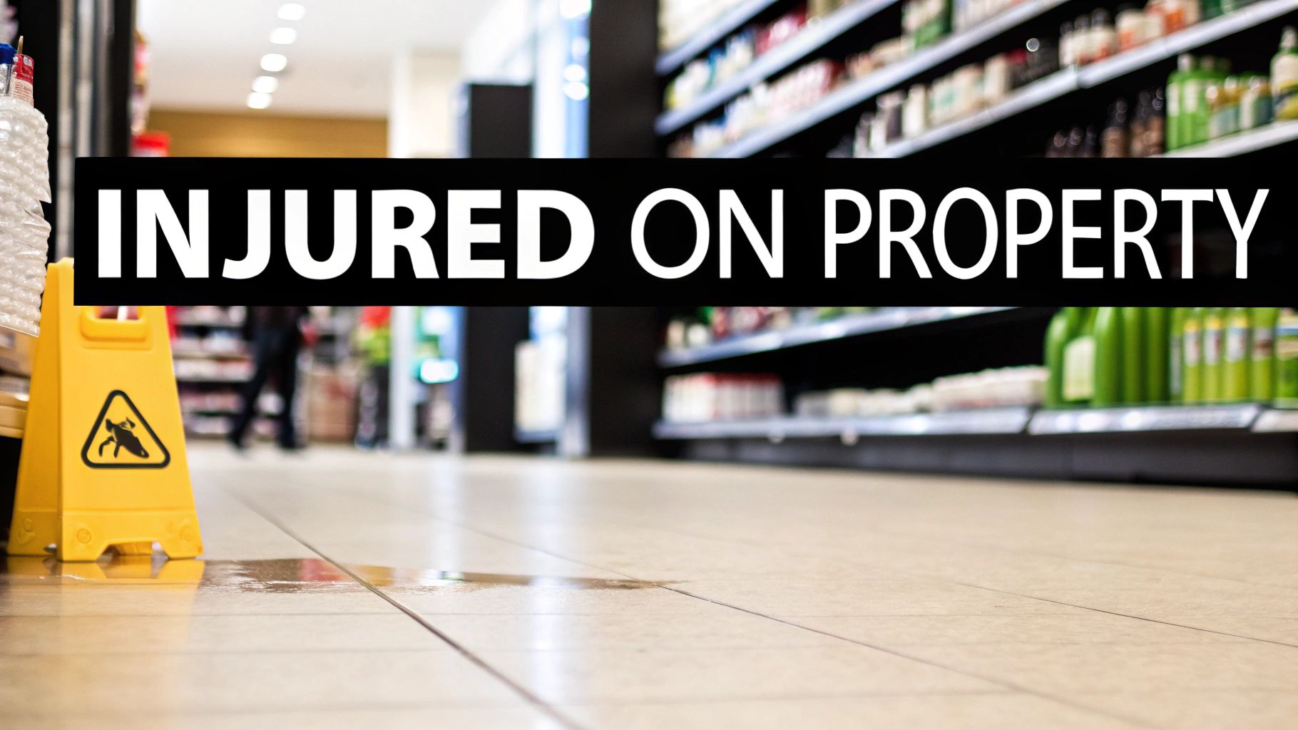 Yellow wet floor warning sign in store aisle with injured on property text overlay