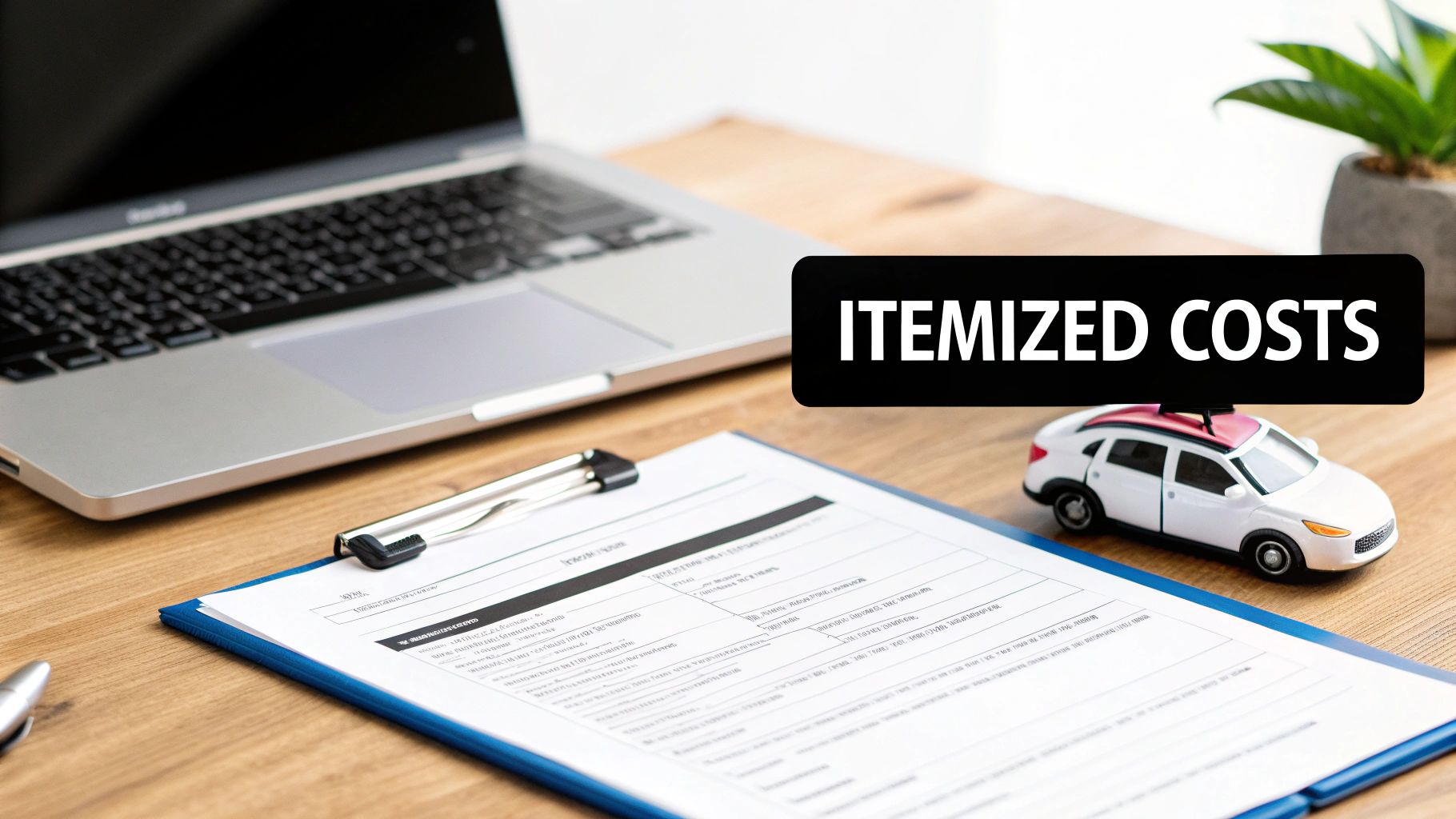 A desk with a laptop, a clipboard document, a small toy car, and a banner displaying "ITEMIZED COSTS".
