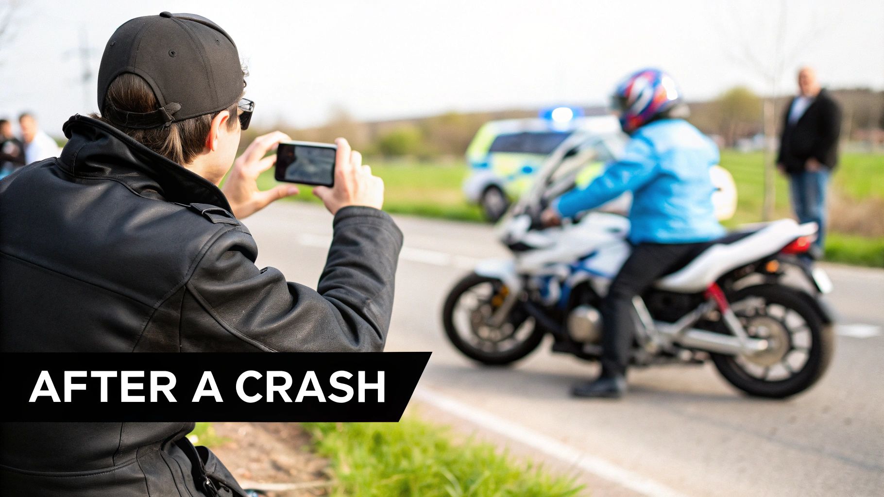 A person in a leather jacket and cap photographs a motorcycle accident scene with a police car and motorcyclist.