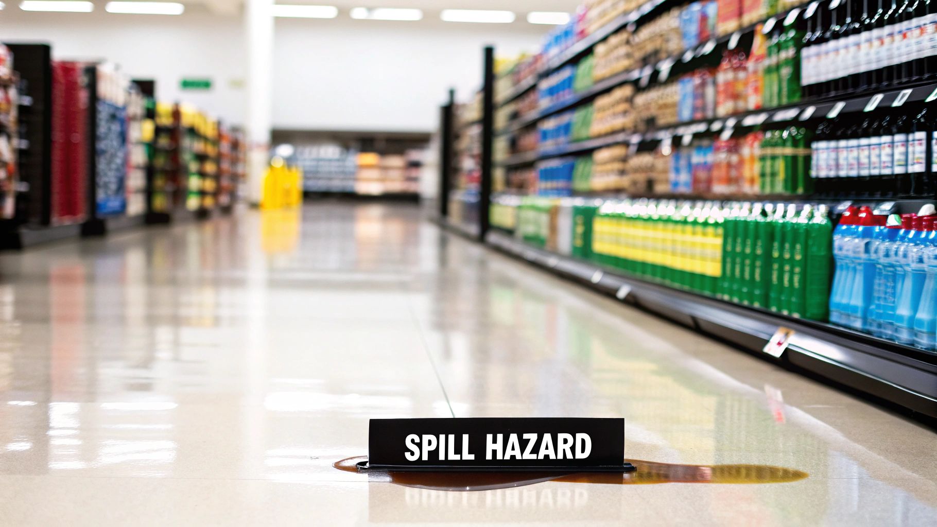 A 'Spill Hazard' sign next to a liquid spill on a grocery store floor, with product shelves.