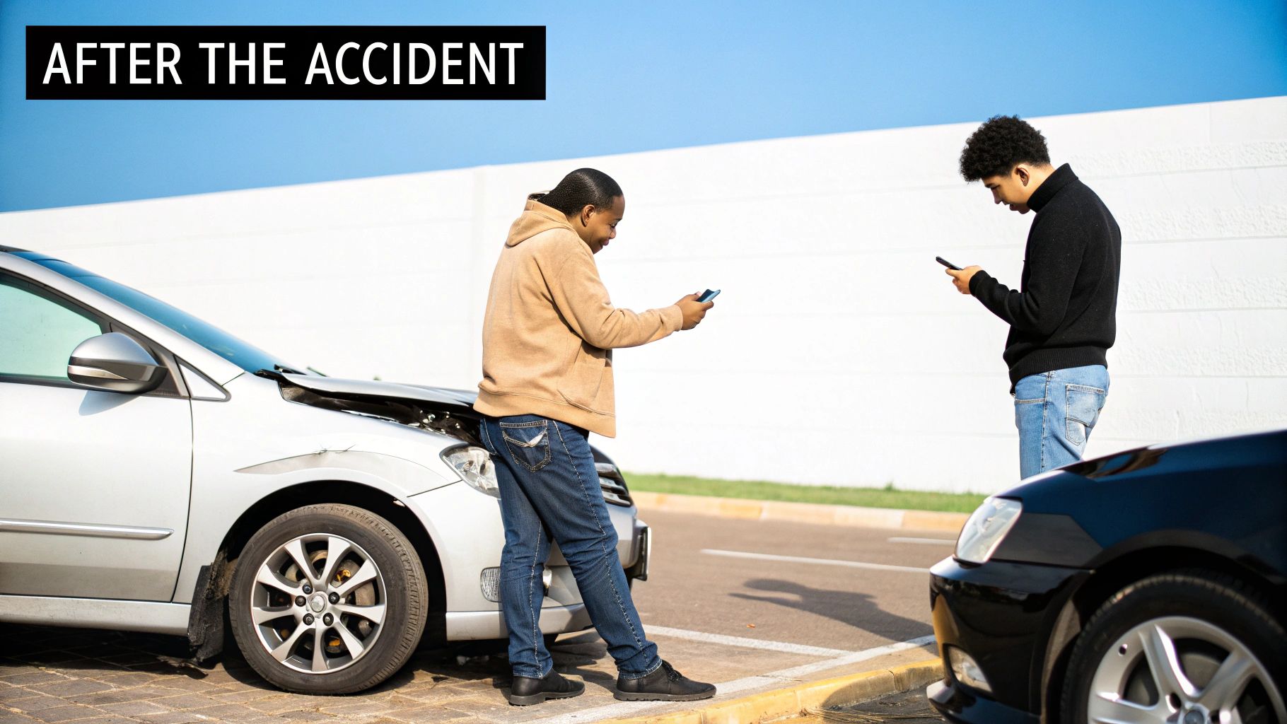 Two drivers exchanging insurance information on phones after car accident in parking lot