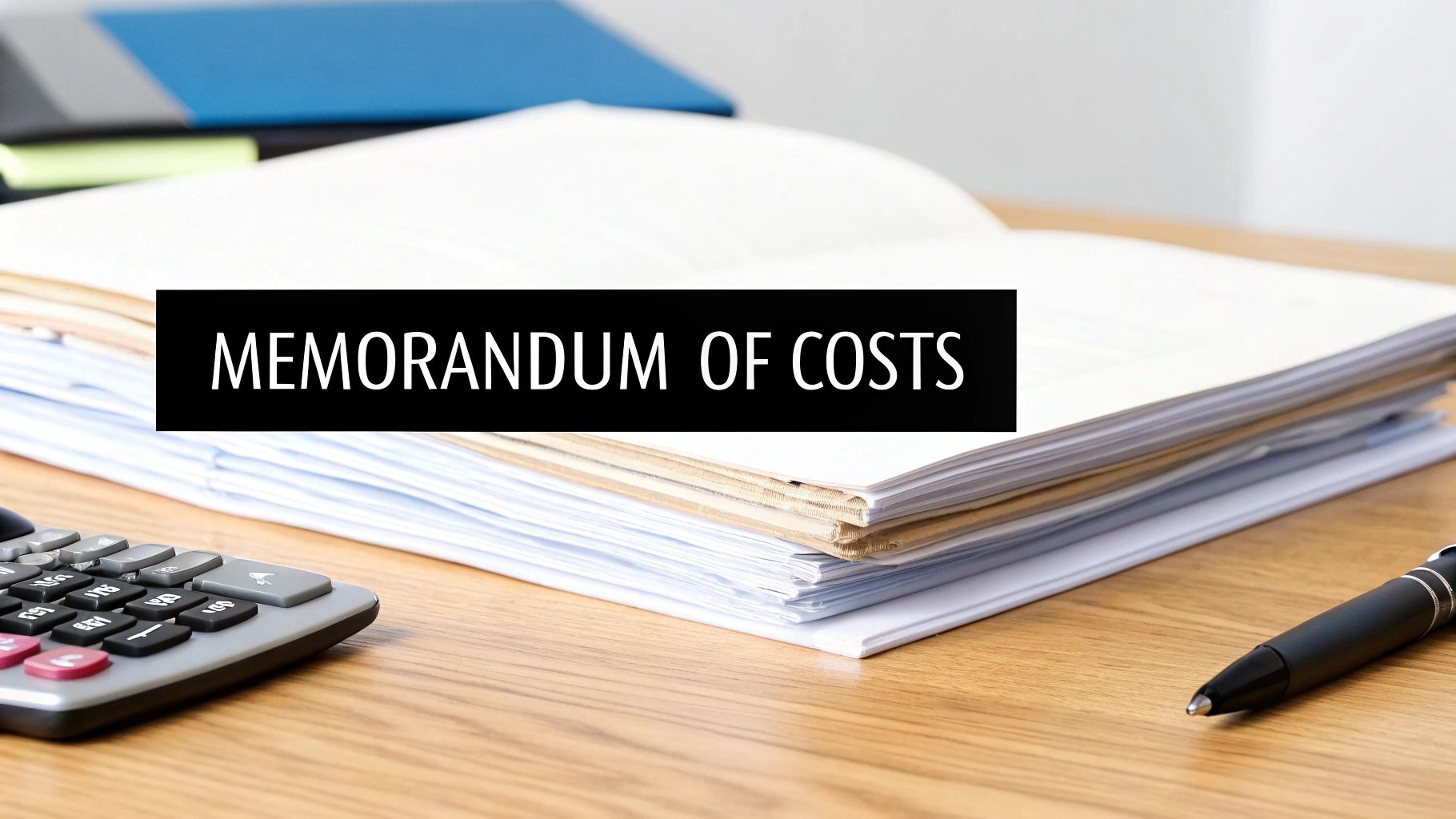 A close-up of a stack of documents, a calculator, and a pen on a wooden desk with the text 'MEMORANDUM OF COSTS'.