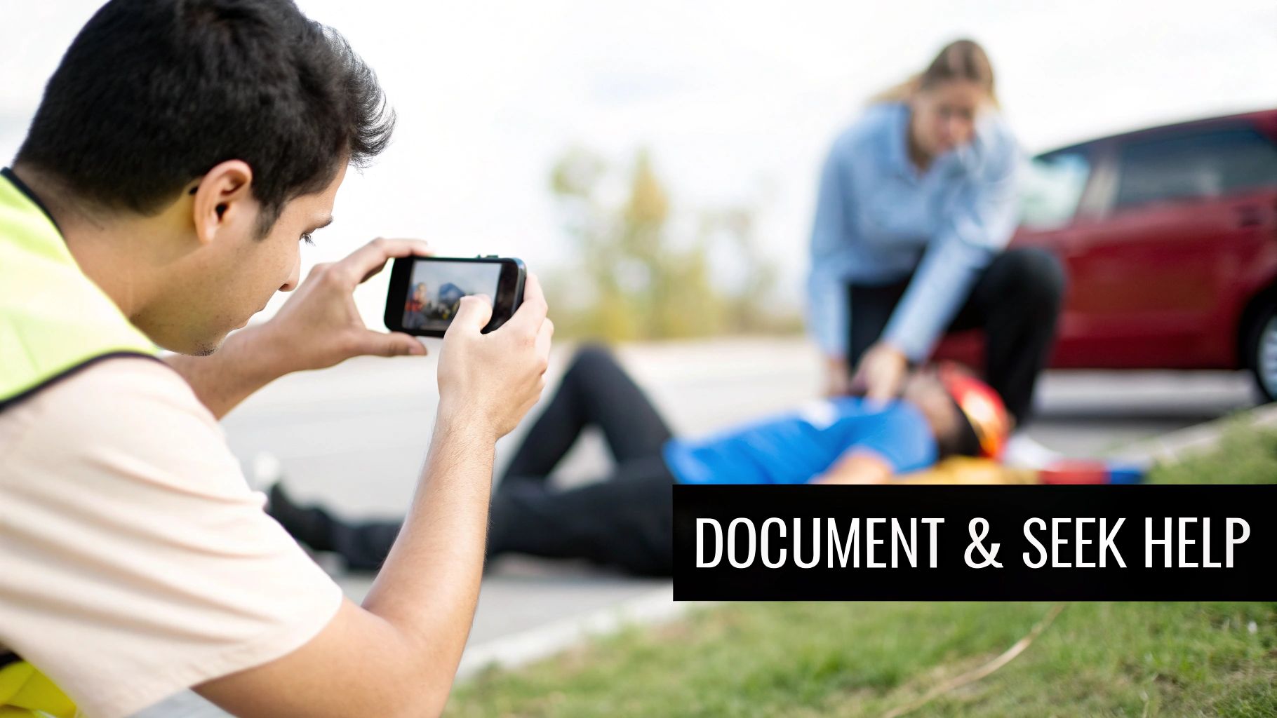 Man documenting an accident with a smartphone while a woman aids an injured person on the ground.