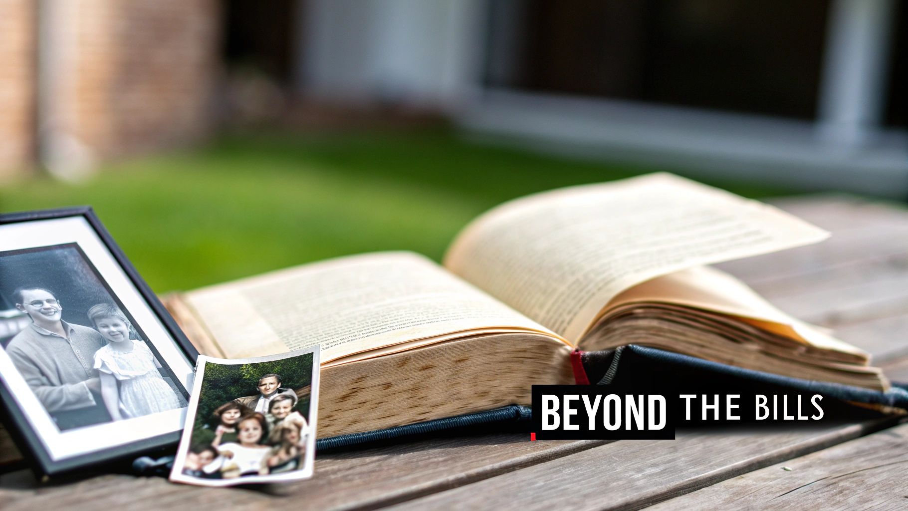 An open old book, a framed black and white photo, and a small color family photo on a wooden table, suggesting memories and stories.