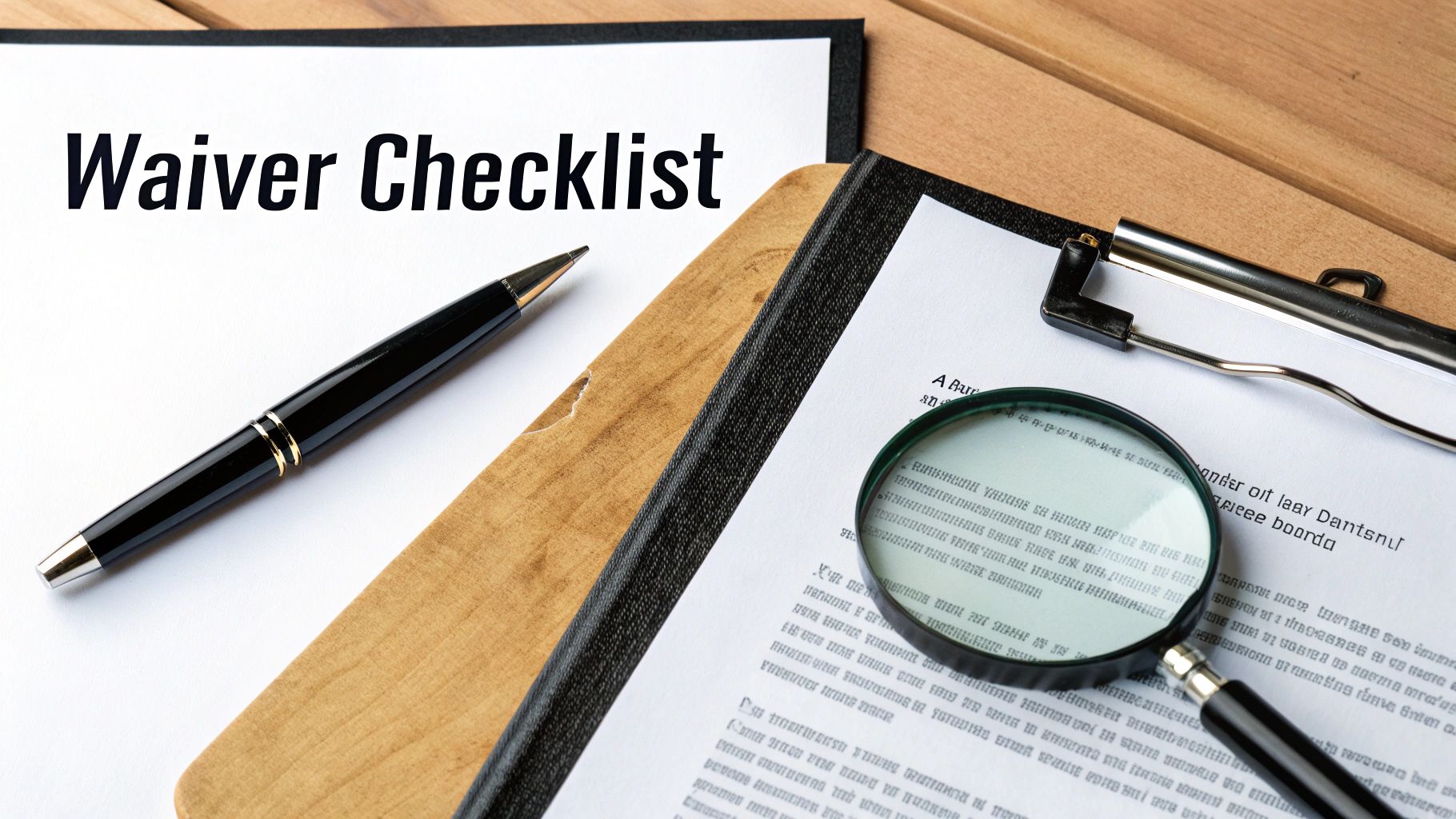 A close-up shot of a 'Waiver Checklist' document on a clipboard with a pen and magnifying glass.