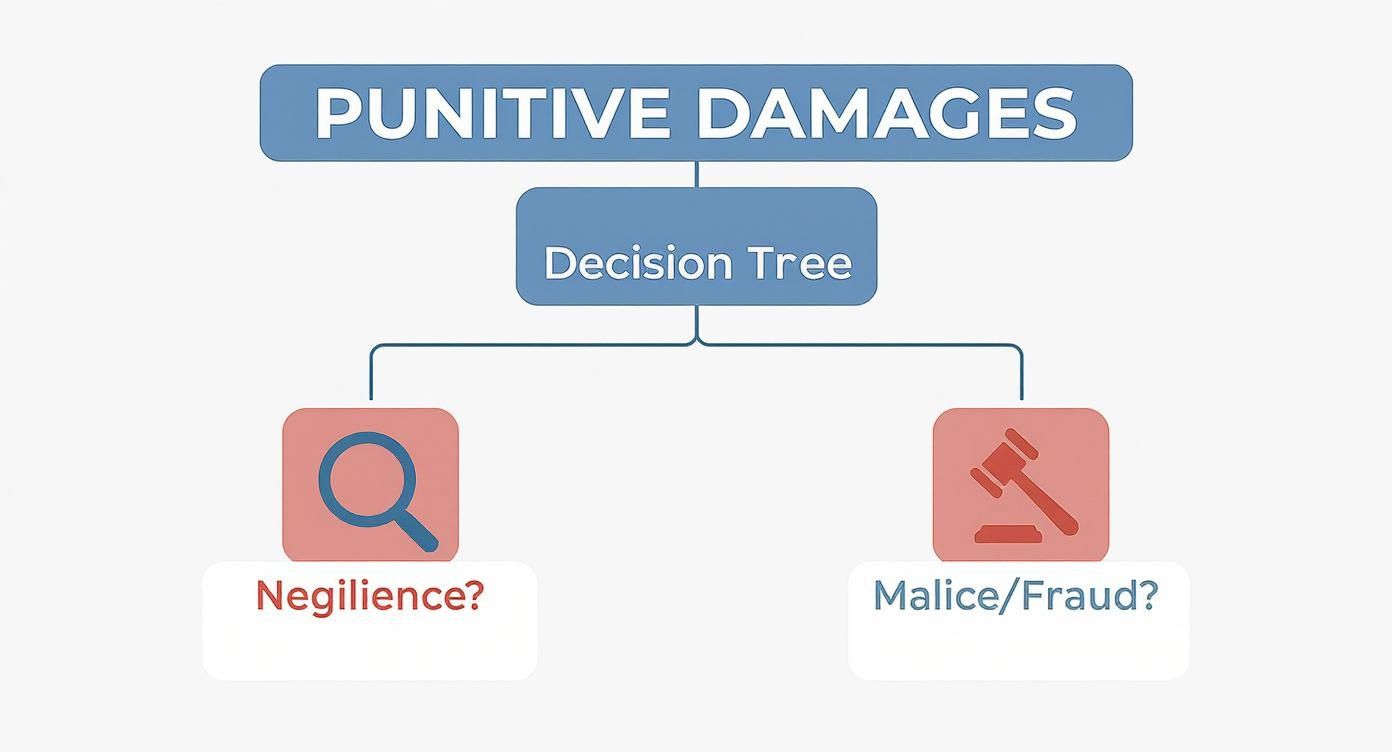 An infographic decision tree showing the legal path to awarding punitive damages, starting with questions about negligence and malice.