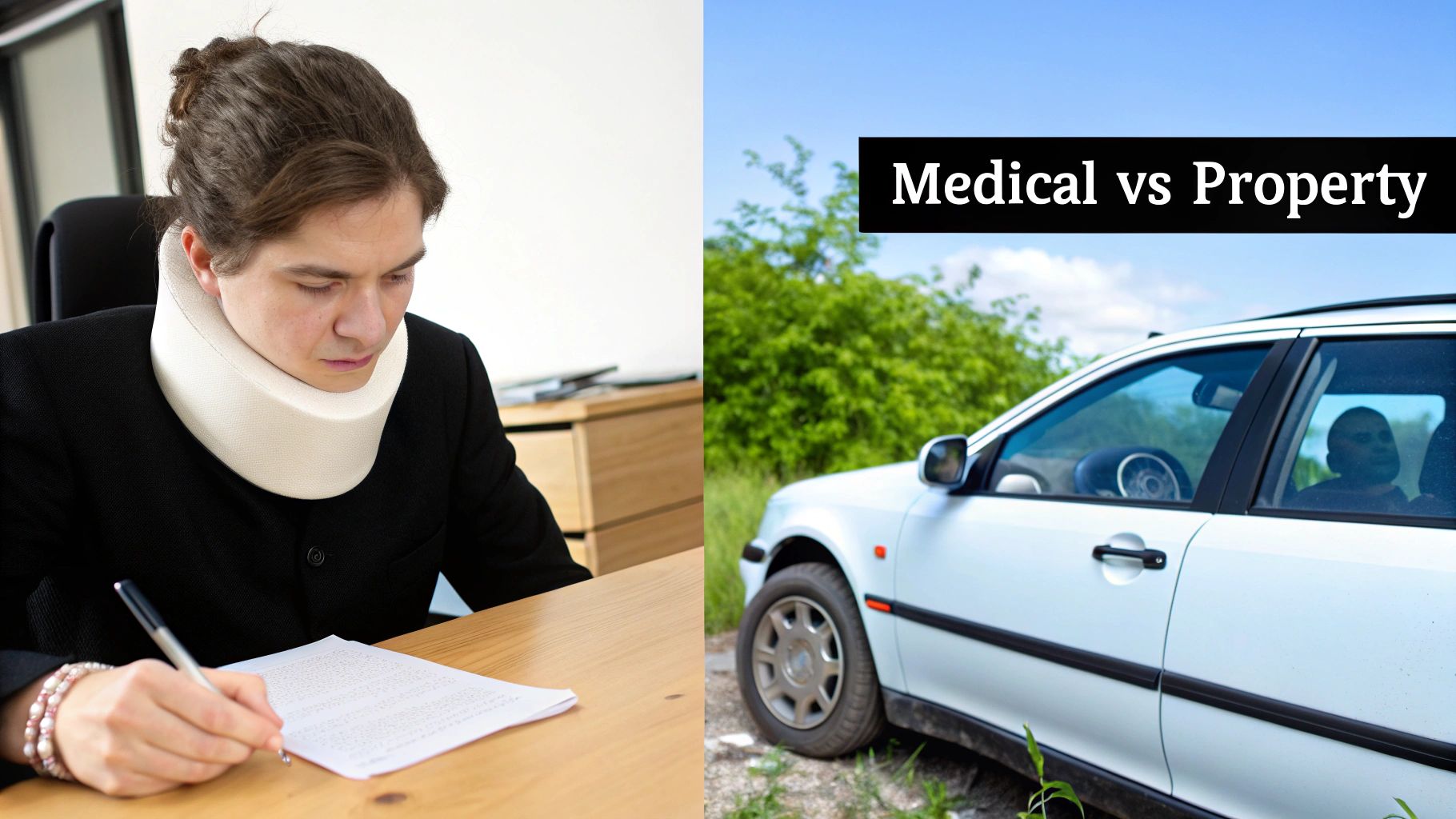 A person in a neck brace writes on a document, beside an image of a car with 'Medical vs Property' text.
