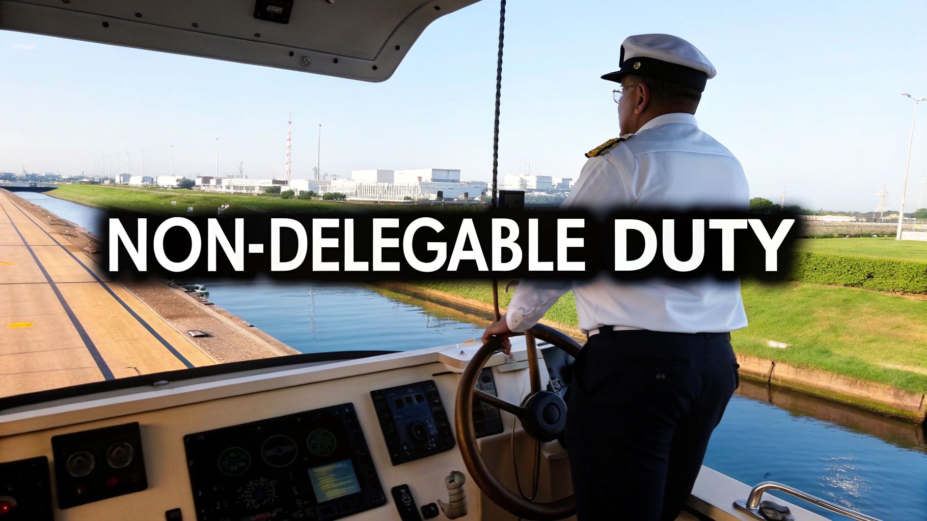 A ship captain navigates a canal, looking forward from the helm with 'NON-DELEGABLE DUTY' text.
