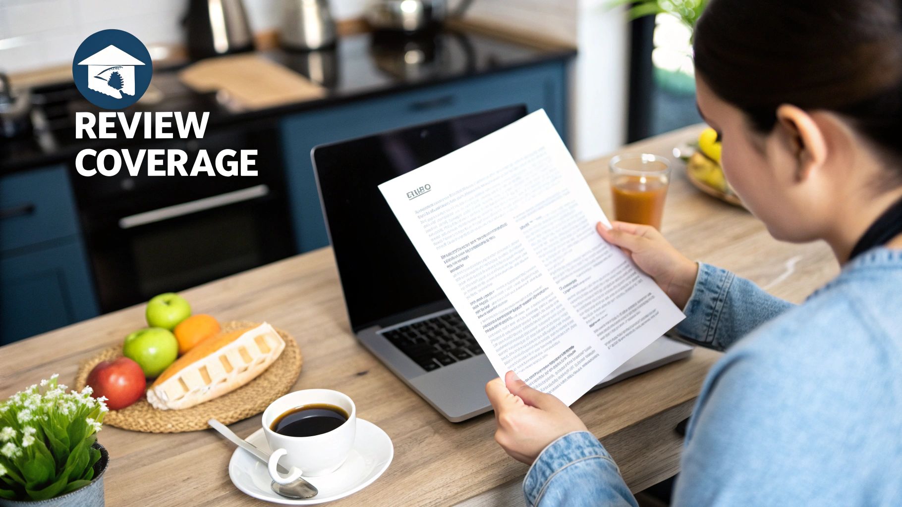 A person reviewing an insurance policy document with a magnifying glass.