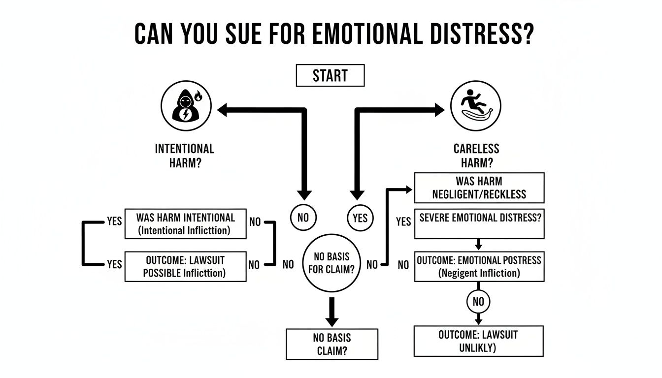 Flowchart detailing the legal process for suing for emotional distress based on intentional or careless harm.