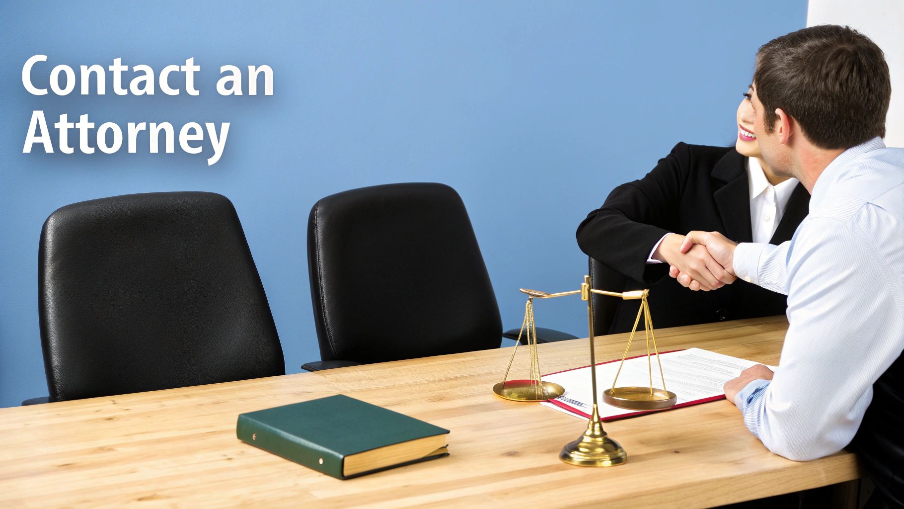 An attorney and client shake hands across a desk with a scale of justice.