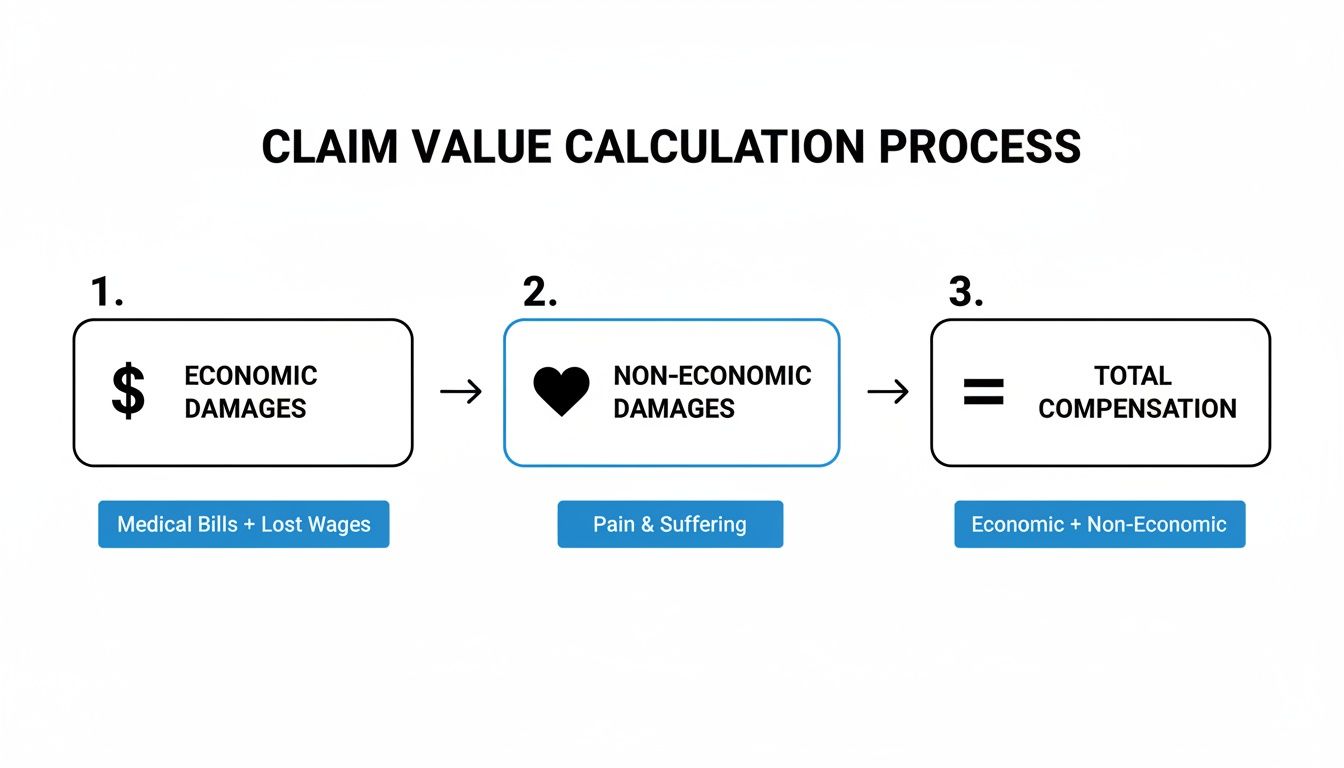 A flowchart illustrating the claim value calculation process, showing economic, non-economic damages, and total compensation.