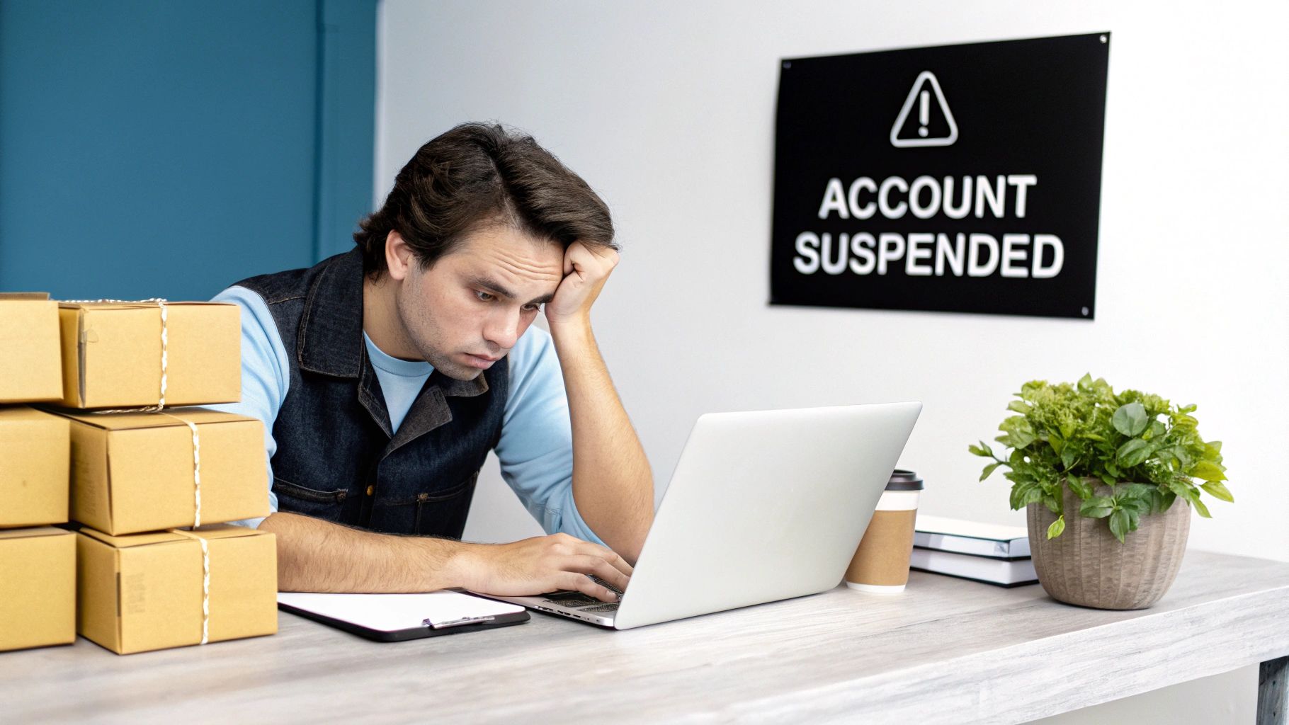 A distressed man at his laptop, surrounded by shipping boxes, facing an "Account Suspended" notice.