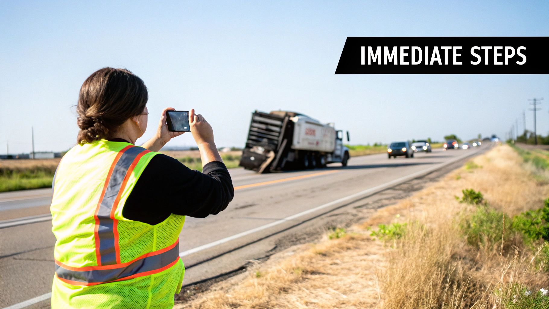 A person in a safety vest photographs a truck accident scene on a highway with a smartphone.
