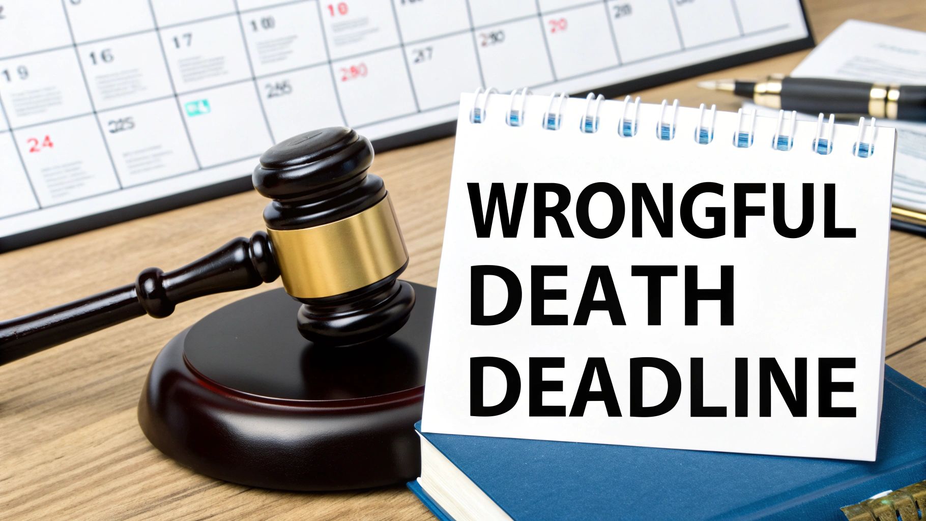A gavel and law books on a wooden desk, symbolizing the legal process of a wrongful death claim.