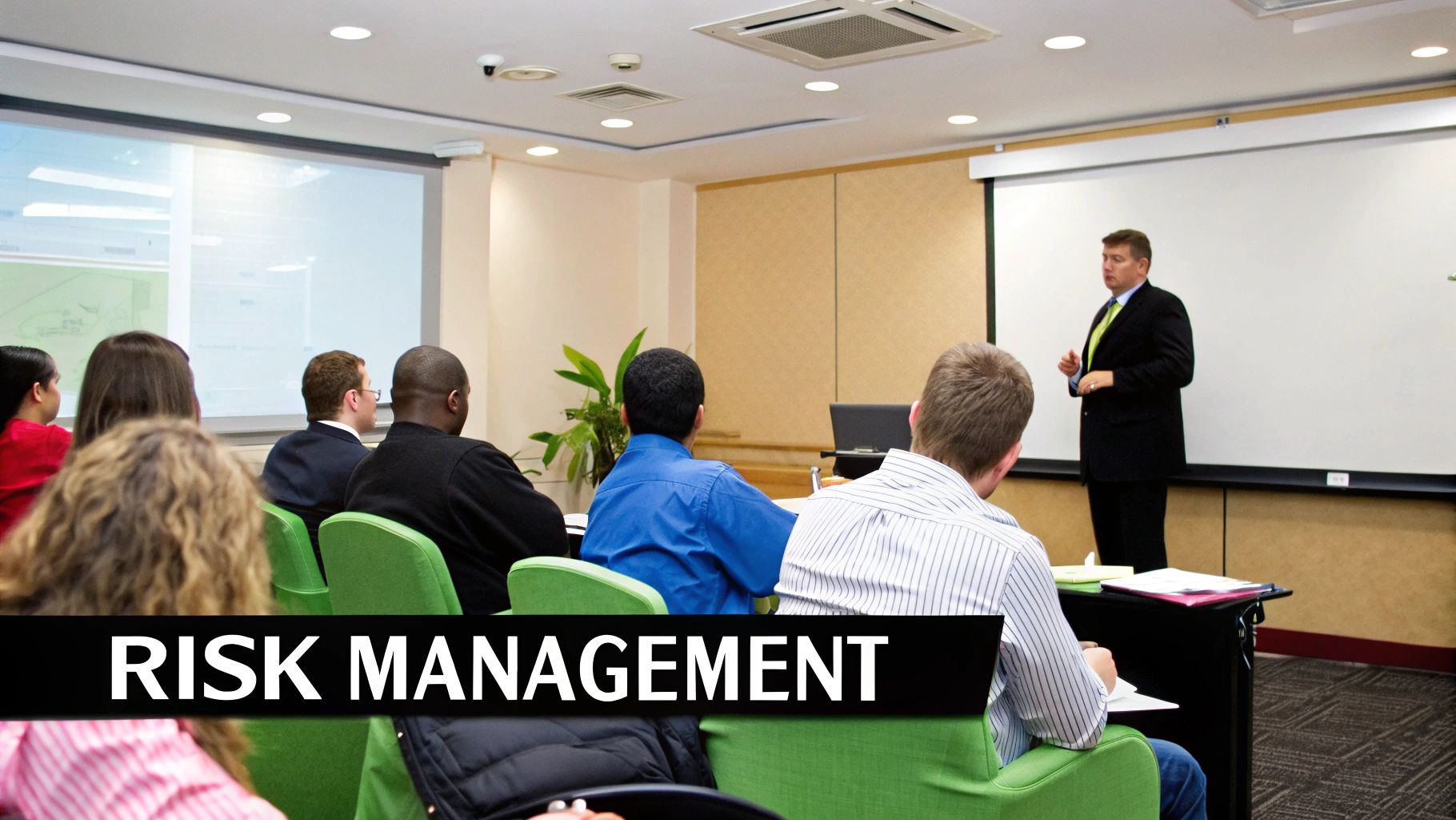 An office setting with a manager training a group of employees