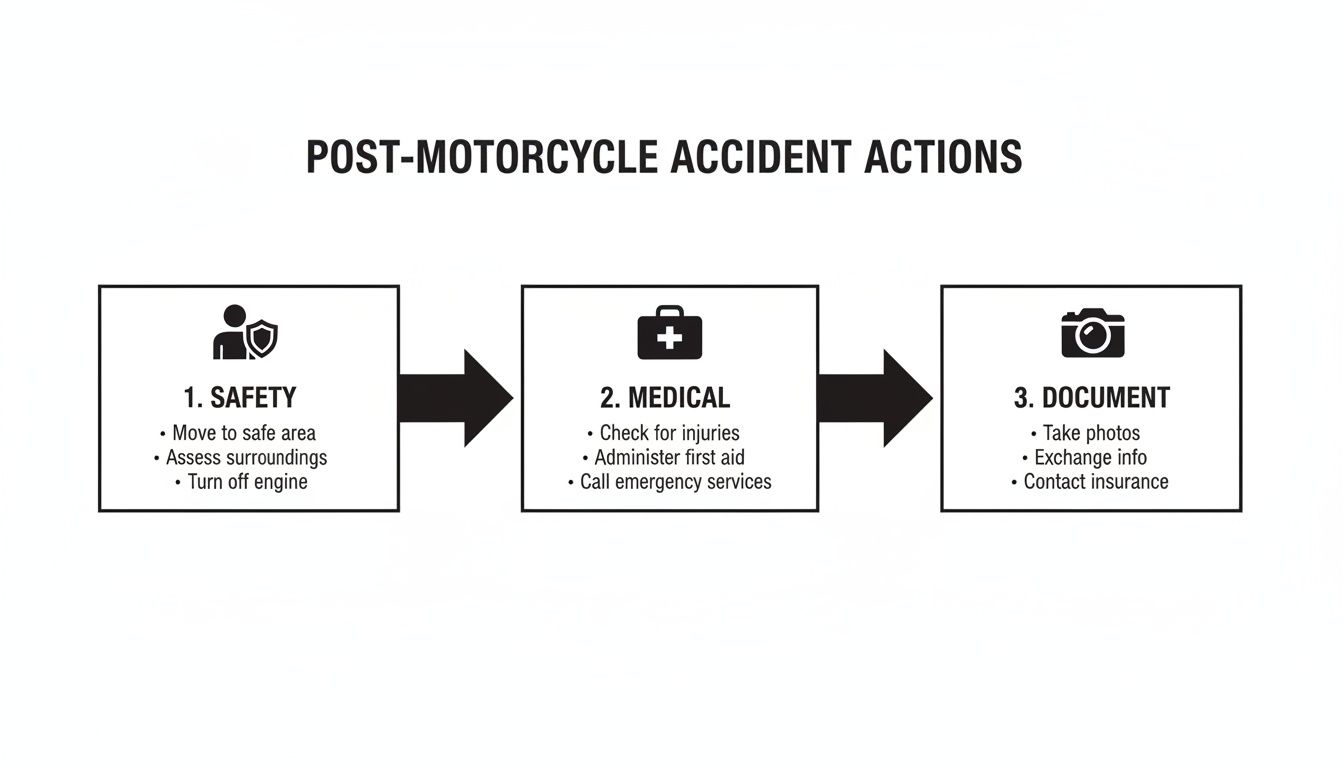 A three-step guide outlining post-motorcycle accident actions: safety, medical, and documentation.